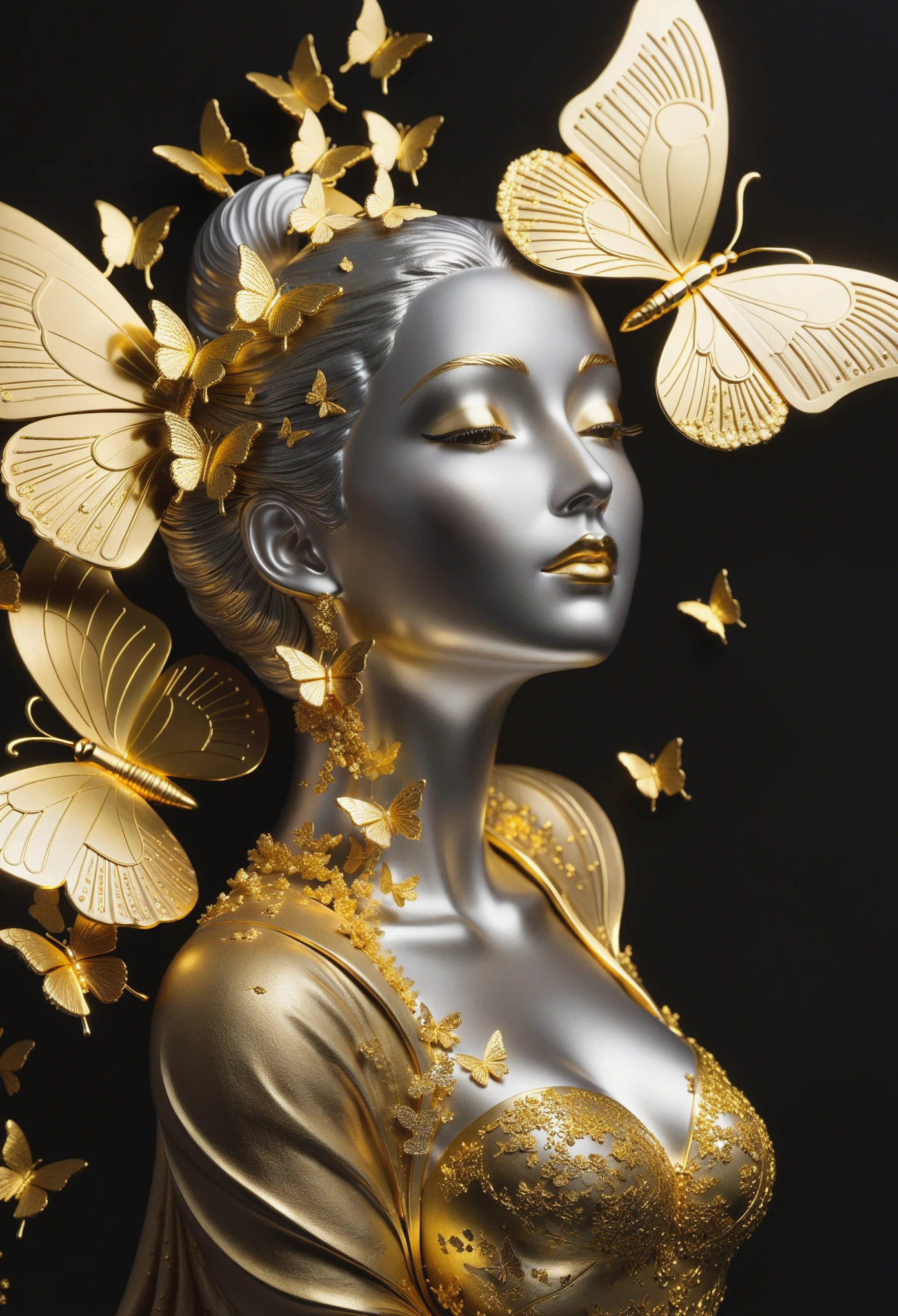 gold leaf art：1.5.Made of platinum，statue，Still Life Table Setting，dark background，Woman portrait sculpture，look up，Golden butterfly on cheek，Hollow butterfly wings，Gold Crumbs，Gold particles，modern style, High resolution, artwork，Advanced complex technology，