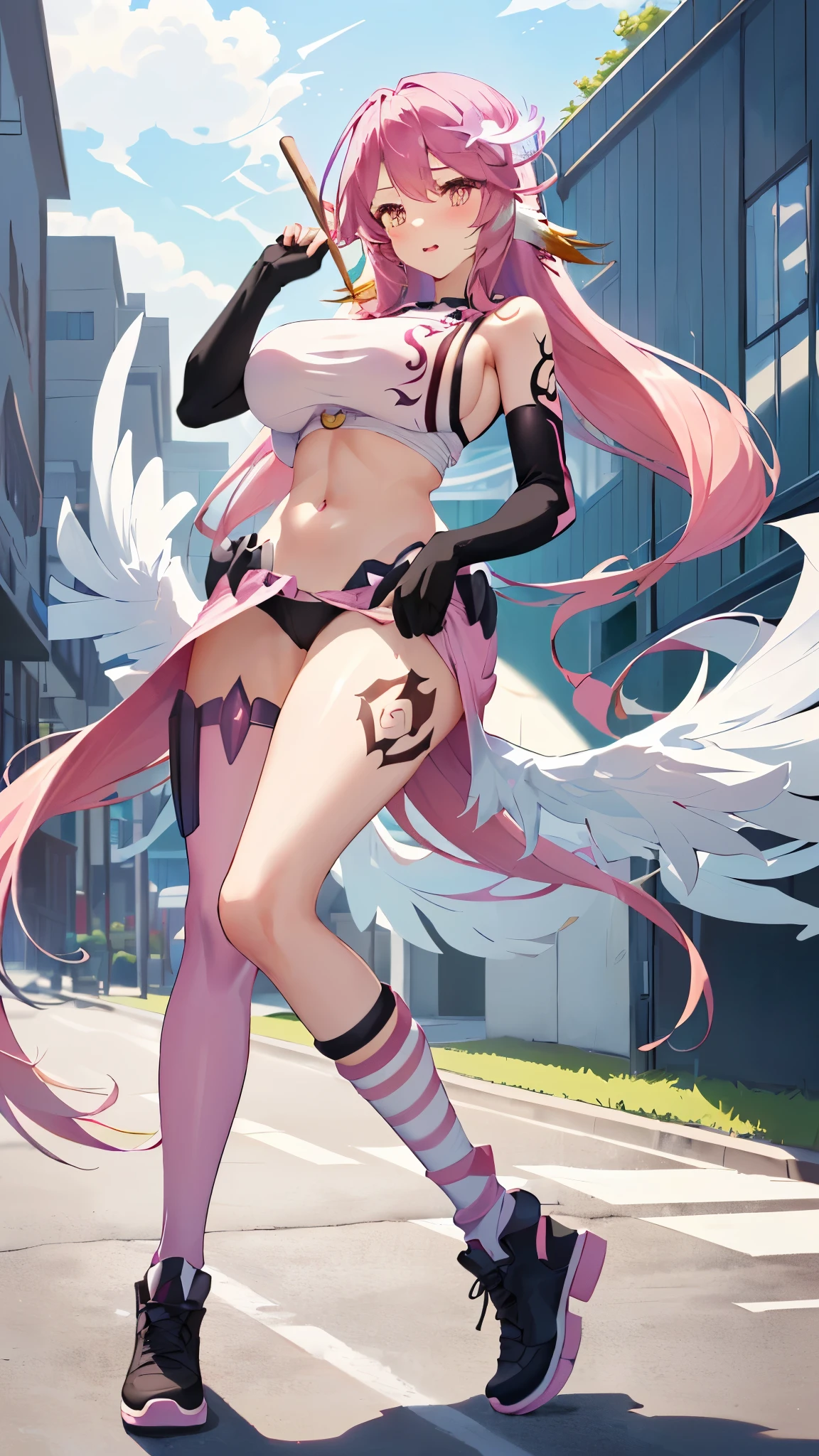 1girl, 8k, best quality, perfect body, UHD, meisterwerk, Beautiful girl, seductive girl, anime-girl, anime stil, ((wearing a pink crop top, breasts stick out at the sides, wears a pink bottom)), ((has angel wings at the height of the buttocks, Pinke haare, lange haare, wears her hair open, big boobs)), flies above the ground, Full body image, Jibril aus no game no life, tsundere, sexy, cute, hot,((sportlich, bauchfrei, leichte bauchmuskeln)), schaut den betrachter an, perspektive von vorne