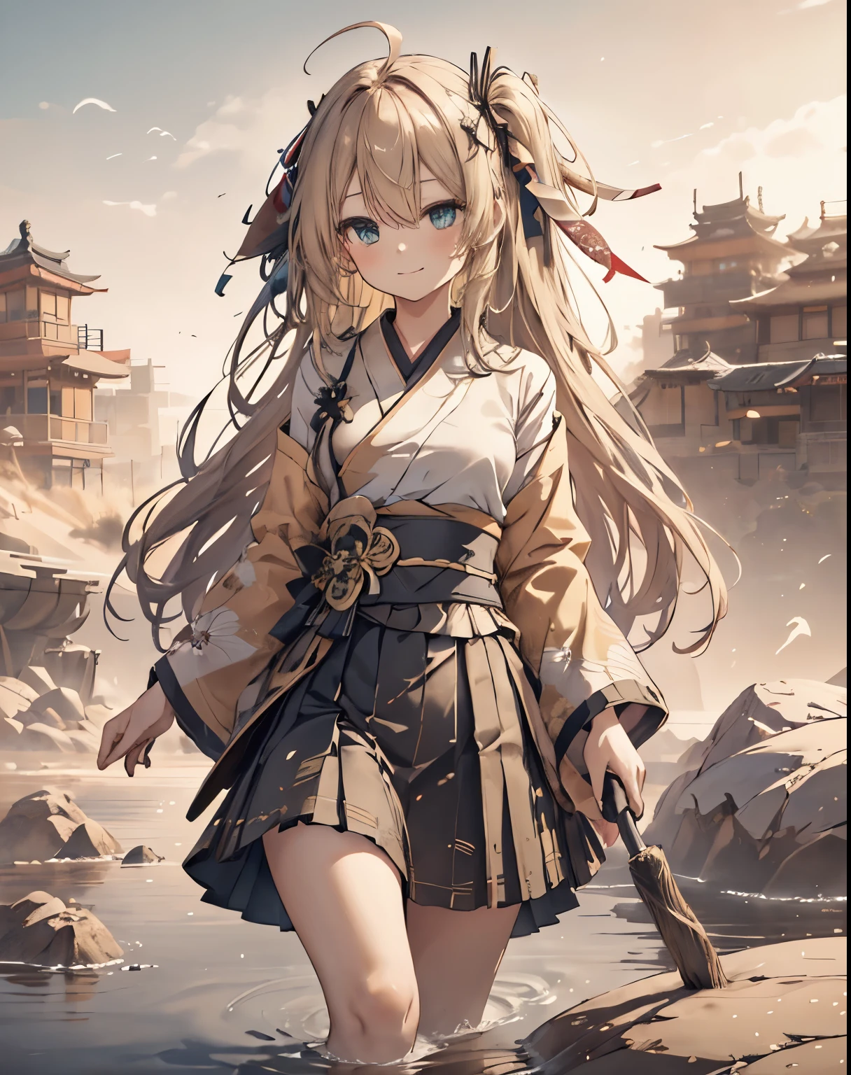 masterpiece,1girl, sparrow, a blonde haired girl, wearing a golden japanese kimono, long hair, messy hair, black skirt, slim body, small breasts, she close her left eye, shirt ornament, ****ppai, innocent expression, beautiful breasts, rounded breasts, aqua eyes, dress, long skirt, standing above a rock, ahoge, hair ribbon, princess, innocent smile, plaid skirt