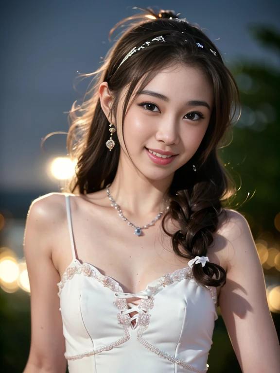 (8k, RAW photos, best quality, High resolution: 1.1), (surreal: 1.4), (realistic, realistic: 1.3), soft light, girl, realistic face, realistic body, realistic skin, absurd, masterpiece, (cute: 1.8), cute, solo, (: 1.2), detailed black eyes, innocent eyes, blush, (white wedding dress: 1.2), (dress conservatively), exposed shoulders, lace trim, garland, jewel crown, movie lights, film grain, jewelry, earrings, ((medium hair: 1.1)), (floating hair nova frog style)), cherry lips, headband, hair bow, ponytail, viewer, long hair , open lips, upper teeth, (smiling eyes: 0.6), (grinning: 1.2), depth of field, blurred background, eye focus, bokeh, young, 85mm lens, f/1.4, professional lighting, young, photon mapping, radiosity, physically based rendering, braless,  small breasts