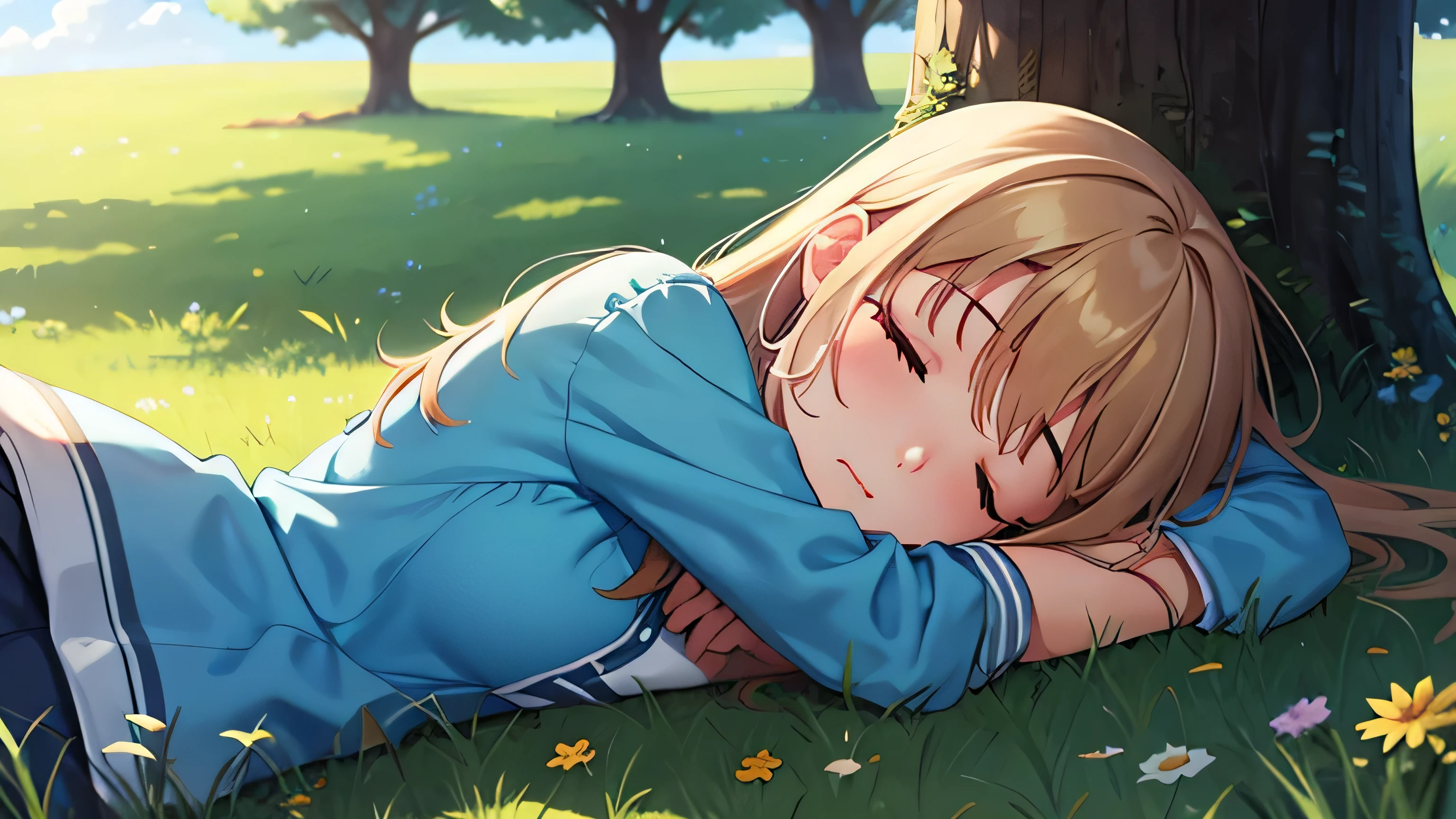 Beautiful girl sleeping in the grass　shade of a tree　nature　whole body　blue sky　cloud