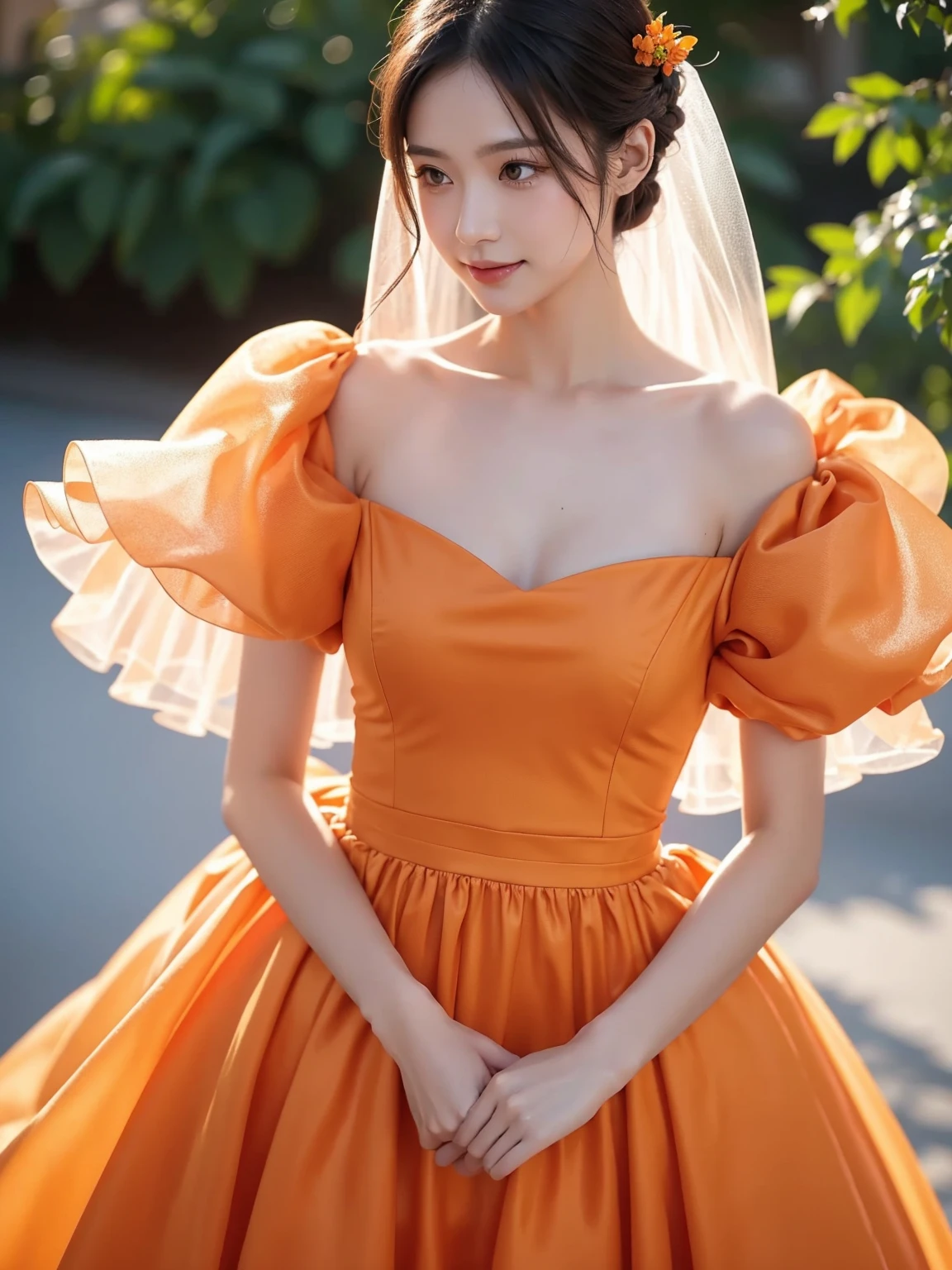 A woman wearing orange is holding a flower in her hand, wearing orange clothes, Wearing organza gowns and orange ballroom gowns, orange clothes, wearing an orange suit, Stylish Editorial Photography, official valentino editorial, translucent dress, Subtle and dreamy, pastel orange, celestial fairy tale, very subtle, dreamy and heavenly, yellow pastel, Lots of merlot, official dior editorial, close up, smile