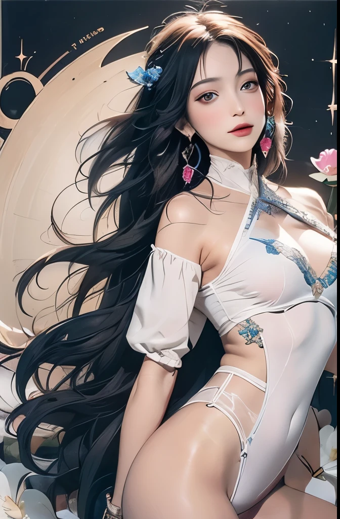 (masterpiece, quality, best quality, official art, Beautiful and beautiful:1.2), (1 girl:1.3), Very detailed,(fractal art:1.1),(colorful:1.1)(flowers:1.3),most detailed,(Tangled:1.2), whole body, leg，(abstract background:1.3), (shiny skin), (Many colors:1.4), ,(Feather earrings:1.5),