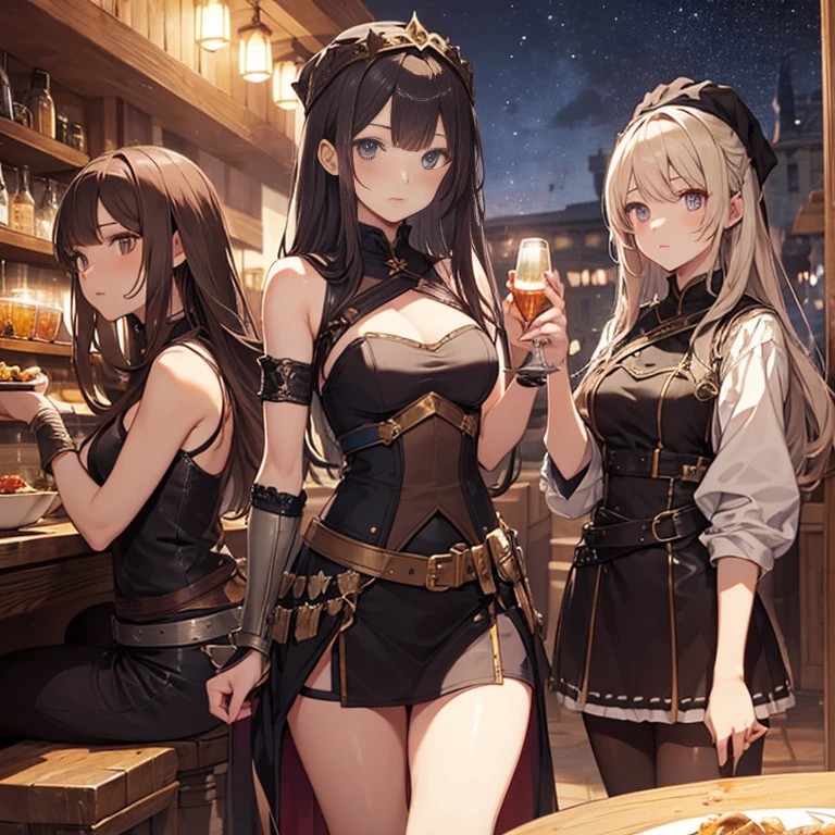 A group of female medieval fantasy adventurers, (in tavern), various hair styles, harem, night, details face, short skirt, seducing, sleeveless, armor