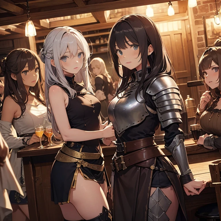 A group of  female medieval fantasy adventurers, (in tavern), various hair styles, harem, night, details face, short skirt, seducing, sleeveless, armor 