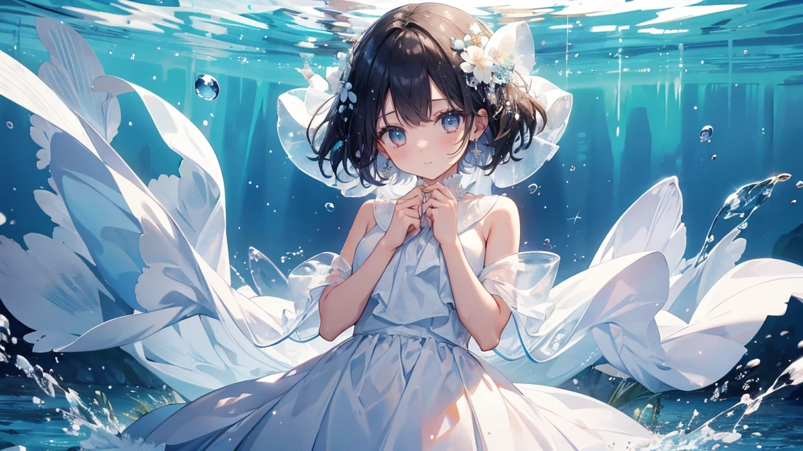 1 girl, clear water, wet with water,transparent clothes,shy,Highest image quality,masterpiece,Kindergarten children,white clothes,Sparkling