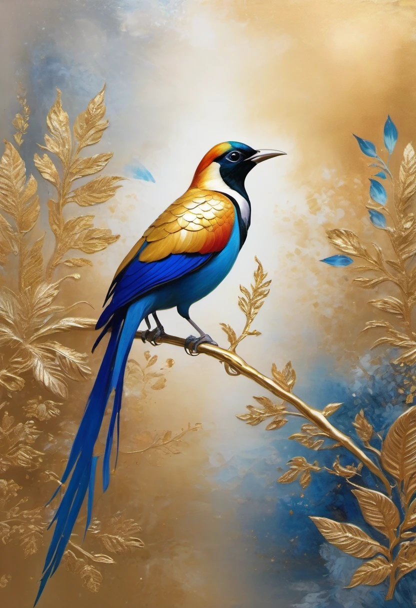 masterpiece, concept art, (Beautiful and beautiful:1.2), (gold leaf art:1.5), Bird of paradise standing on a branch，Surrounded by gold leaf, gold leaf, Gold and silver accessories, abstract background, Zentangle, fractal art, studio lighting, epic work, epic proportions, 8K,