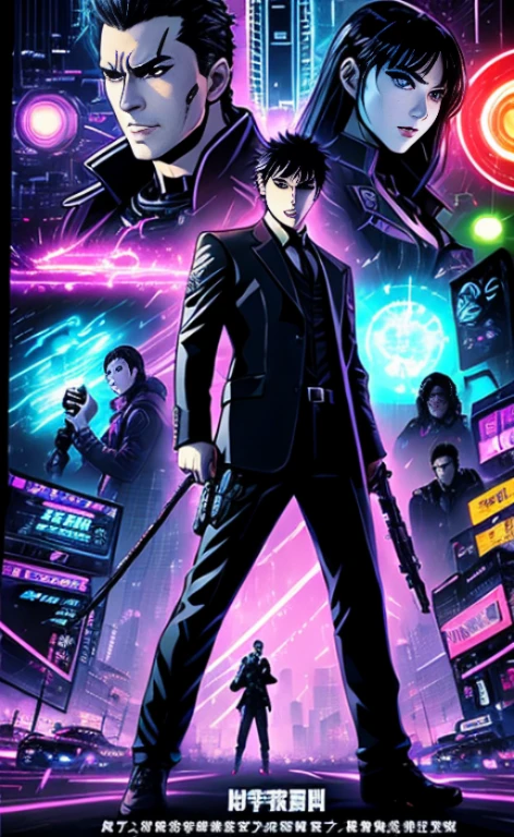 Men and women struggling、action scene、Men and women fighting in suits(neon light:0.3)、cyber punk、unusual composition, Akira,Cybernetic、(neon light:0.3)、Nintendo、cyber punk、unusual composition, Action and thriller movie style、Creepy、Monster Panic、Disaster Movie Blockbuster Suspense Comics1page、4 frame layout