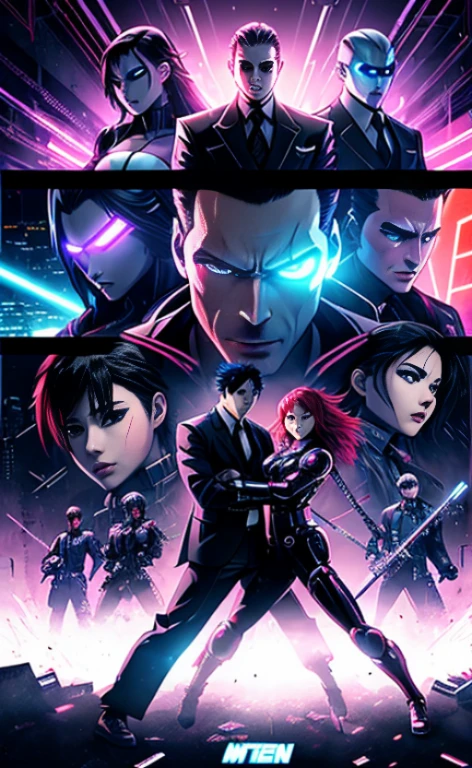Men and women struggling、action scene、Men and women fighting in suits(neon light:0.3)、cyber punk、unusual composition, Akira,Cybernetic、(neon light:0.3)、Nintendo、cyber punk、unusual composition, Action and thriller movie style、Creepy、Monster Panic、Disaster Movie Blockbuster Suspense Comics1page、4 frame layout