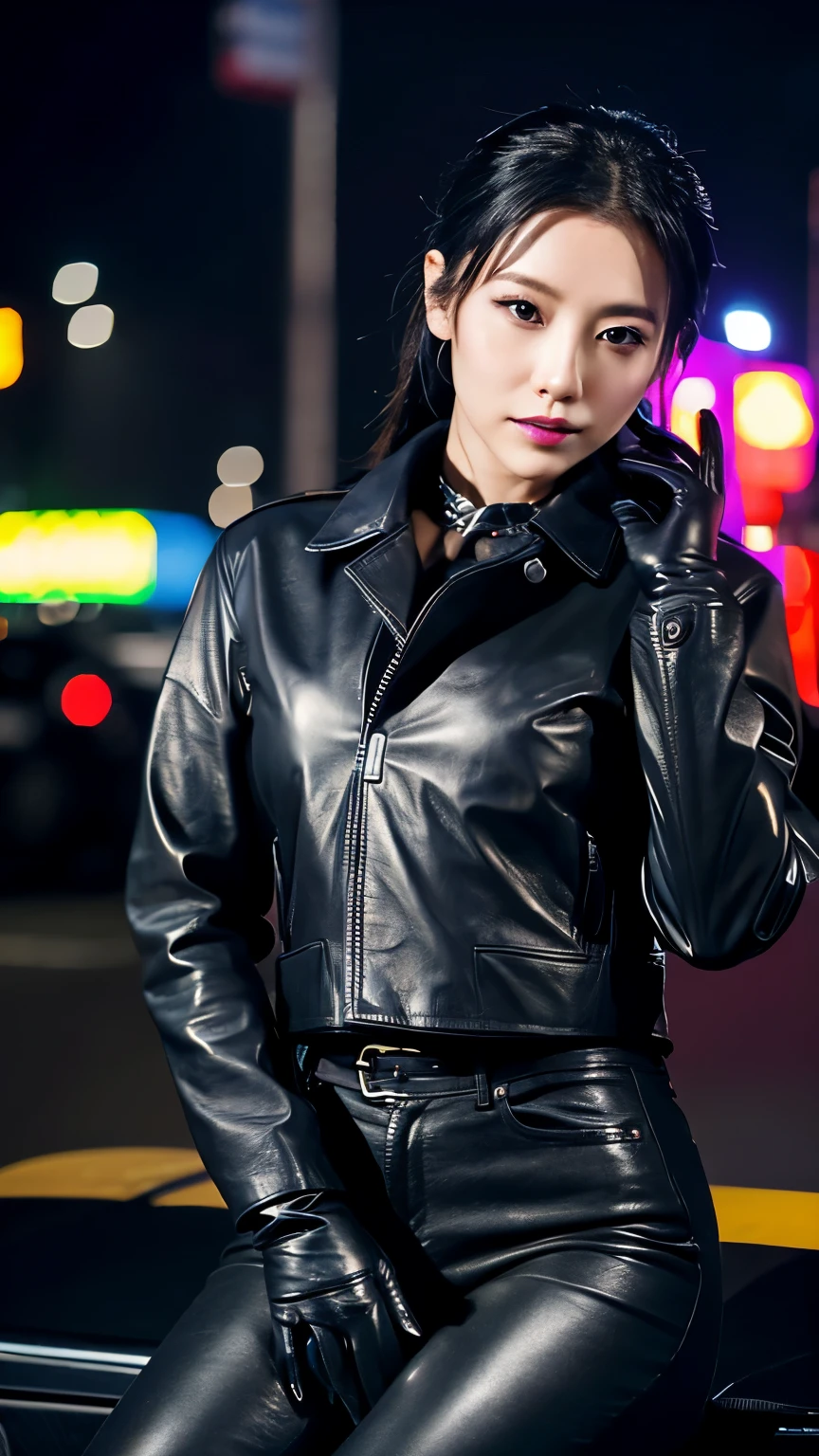 black leather rider jacket, office in the dark, Fingertips of black leather gloves on both hands,wearing black leather gloves,sitting in a black leather chair、 Japanese female new employee (black leather gloves cover both hands) (The angle is horizontal)、black leather leather pants,black leather black leather pants,black leather skinny pants、Long black leather boots on both feet、black hair ponytail ((He wears black leather gloves on his hands))full body photo,full body shot full body full body leather suit,☺If you turn in this direction。wearing black leather gloves,wearing black leather gloves,wearing black leather gloves,wearing black leather gloves,wearing black leather gloves,wearing black leather gloves,黒のレザーパンツが美しい😍黒のレザーパンツが美しい😍黒のレザーパンツが美しい,😍I&#39;m smiling while looking at you,city lights、((Neon Cyberpunk City Street:1.3))、(neon light)、detailed lighting、

best image quality、ultra high resolution、(realism:1.4)、korean beauty star、The most beautiful KPOP stars、face、horny korean makeup、A body that makes you want to touch it、Realistic leather texture、Costume made of smooth leather fabric、The drape of the curved parts of the leather fabric、The costume has a strong shine、costume quality、8K photo quality
