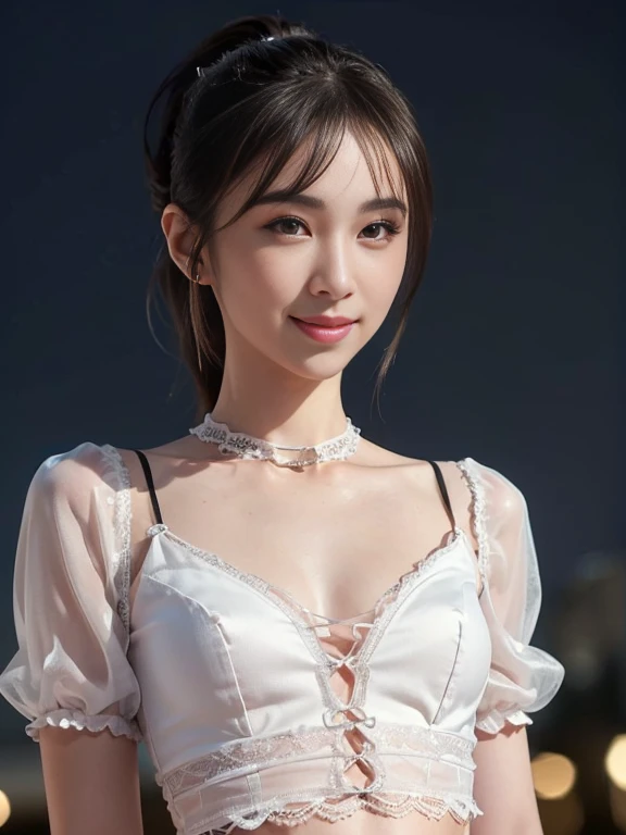 8k, masterpiece, RAW photo, best quality, photorealistic, extremely detailed CG unity 8k wallpaper, Depth of field, Cinematic Light, Lens Flare, Ray tracing, (extremely beautiful face, beautiful lips, beautiful eyes), intricate detail face, ((ultra detailed skin)) 1girl, in the dark, deep shadow, pretty asian girl, asian idol,(very slim slender fit-muscled body), ((looking at viewer)),(smile), (fashion city night, (small breasts), (blurry background), midnight, (vacant city), (without people in the background), pretty korean girl, white diamond earrings, dia bracelets, dia necklace, clear eyes, shot, (pale skin), face forward, (big eyes), ((close up shot)), (ponytail) (looking at viewer), small breasts,((smile)), (see through), ((laced top)), ( very slim), (silk shirts)