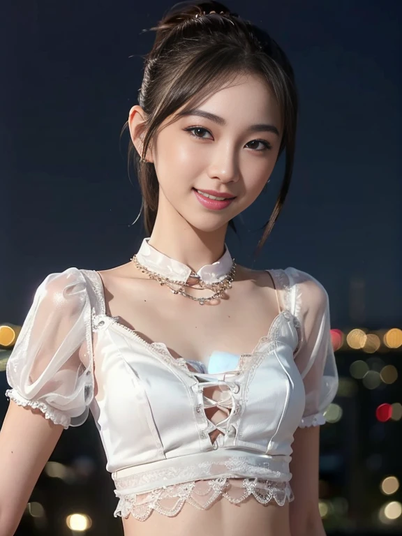8k, masterpiece, RAW photo, best quality, photorealistic, extremely detailed CG unity 8k wallpaper, Depth of field, Cinematic Light, Lens Flare, Ray tracing, (extremely beautiful face, beautiful lips, beautiful eyes), intricate detail face, ((ultra detailed skin)) 1girl, in the dark, deep shadow, pretty asian girl, asian idol,(very slim slender fit-muscled body), ((looking at viewer)),(smile), (fashion city night, (small breasts), (blurry background), midnight, (vacant city), (without people in the background), pretty korean girl, white diamond earrings, dia bracelets, dia necklace, clear eyes, shot, (pale skin), face forward, (big eyes), ((close up shot)), (ponytail) (looking at viewer), small breasts,((smile)), (see through), ((laced top)), ( very slim), (silk shirts)