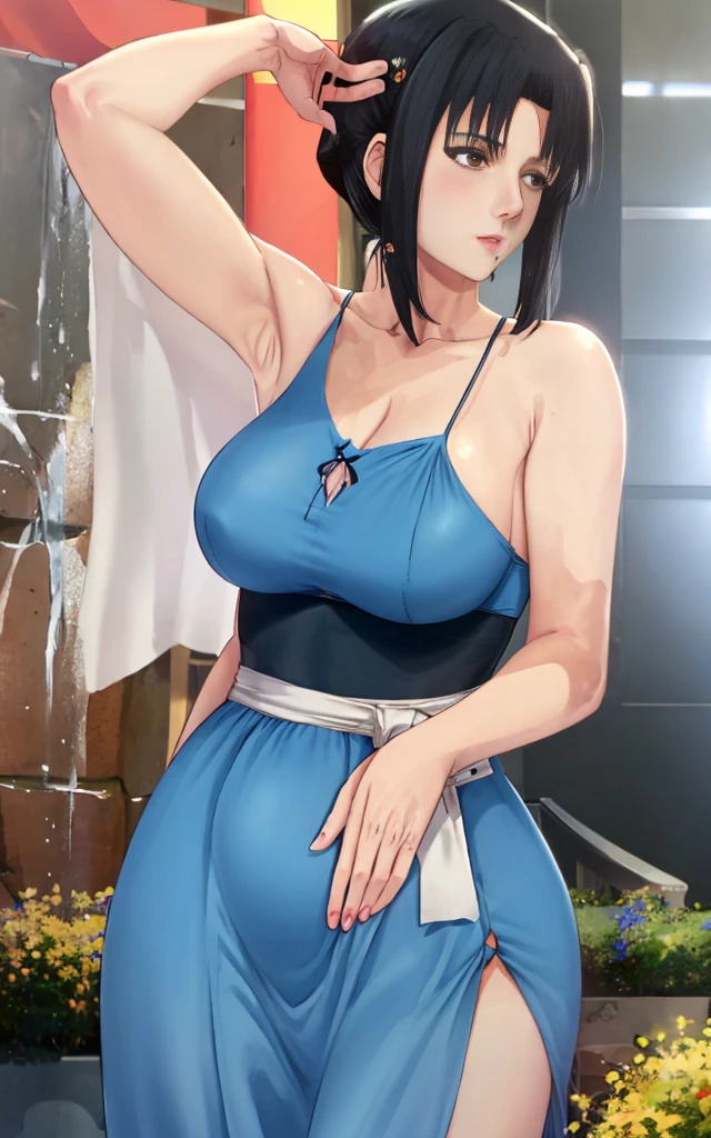 Noguchi misuzu/michelle crier, yellow eyes, anime mother, wearing a darl blue bluese with square cleaveage, tight black long skirt, mature beautiful, large breasts, very low back drop, very low waist line, front view, deep cleavage visible, upper body, closeup, on stage, Oscar statue in hand, pregnan flat belly. Lifted blouse,