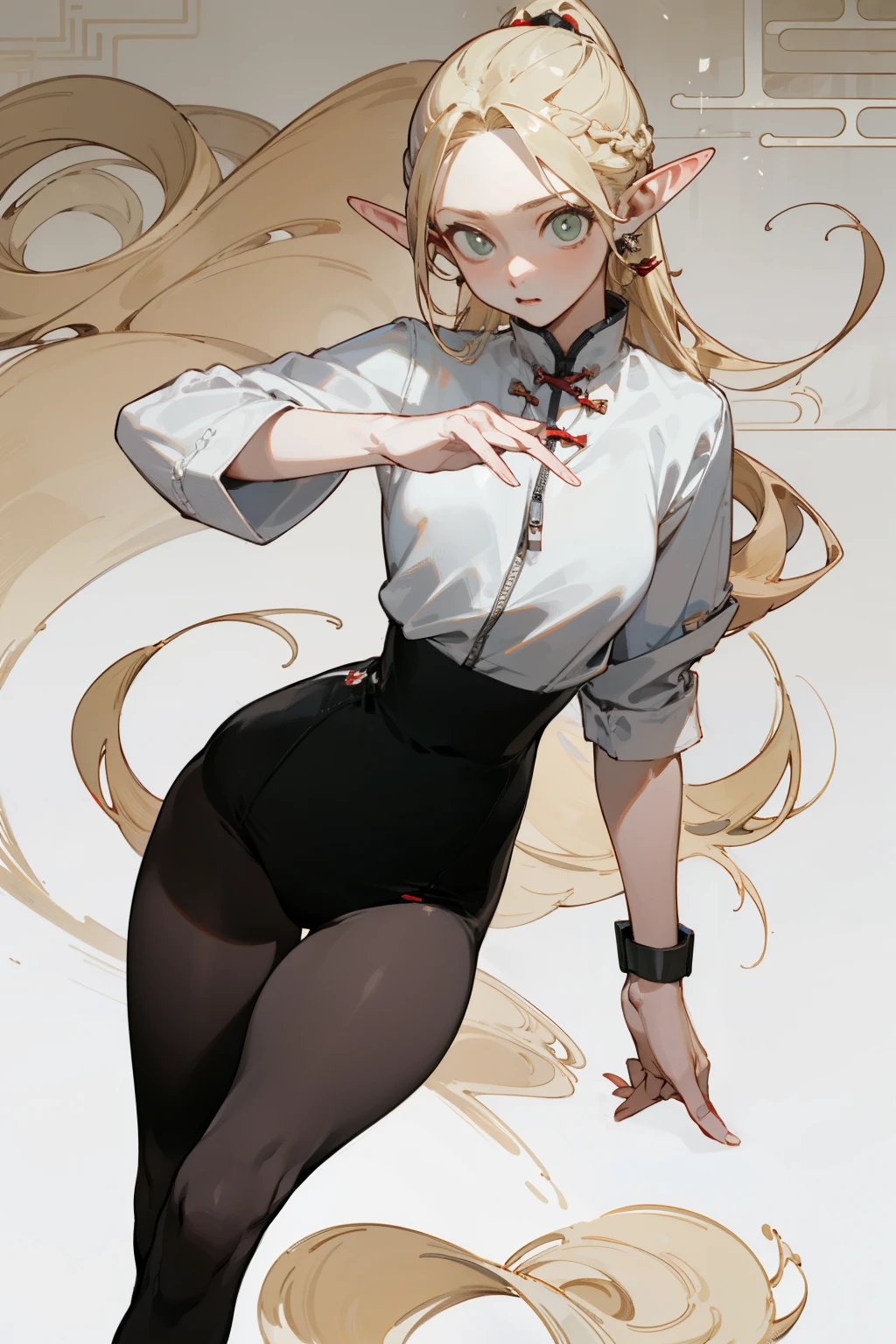 (masterpiece, best quality) detailed, Wearing black tights, silver accessories , The zipper is not closed , Blonde ,elegant, Pointed ears ，whole body，Chinese element pattern，thigh，漏出thigh，White shirt