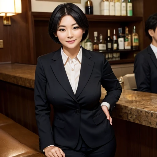 (highest quality:1.2),(perfect beautiful face 1.2),(Perfect and beautiful posture:1.2),(japanese woman),big and full breasts, black short hair,(suit),(secretary),(BAR),(valley),(drunk)