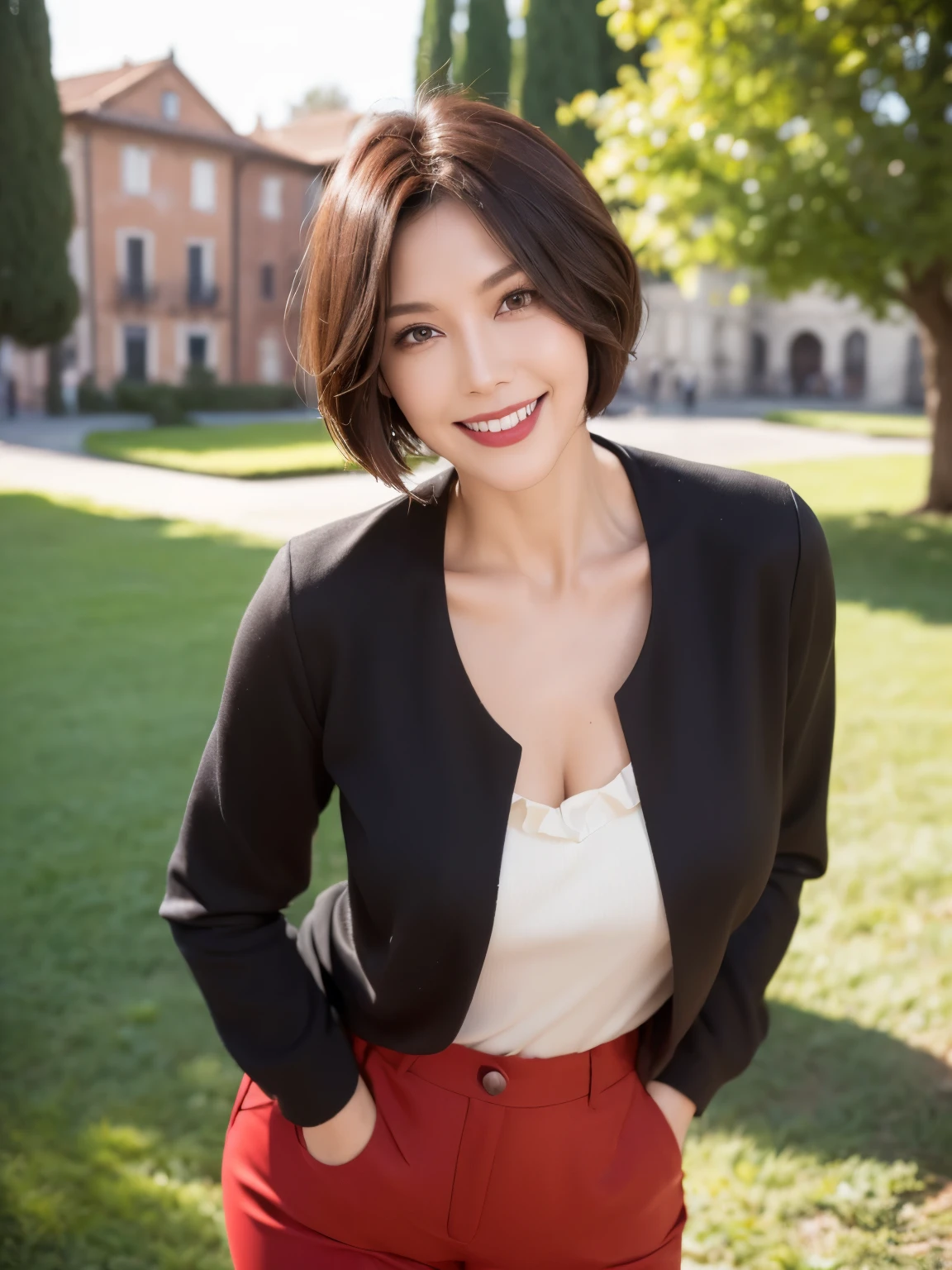 (38 years old), (black wool jacket),(white wool pants)、(white ruffle blouse), double eyelid, eyelash, Red lip gloss, (smile:1), ((close your eyes:0.85)), (looking at the viewer、Are standing), (From above:0.2)、尖ったred mouth、(reddish brown wet shiny short hair),red mouth,clavicle、 (Photoreal:1.3),(Raw photo),(woman standing in front of an old castle, Beautiful lawn, squirt, Bright sunlight in the city of Modena, Italy) , 8K, Super detailed, highest quality, rough skin, anatomically correct, masterpiece , highest quality, cinematic lighting, Use perspective throughout , surrealism , ,(realistic:1. 3),(Raw photo) , black hair, light smile, short hair, bob cut, anaglyph, stereogram, (mature woman:1), (38 years old), ((close:0.5)), glare, double eyelids, lip gloss, (smile:1), ((close your eyes:0.85)), red mouth, clavicle, ((looking at the viewer)), (short hair of reddish-brown color wet and shiny,), (I can see the whole body) , Slightly thick body type , wide eyed , Perfect round eyes , fine texture