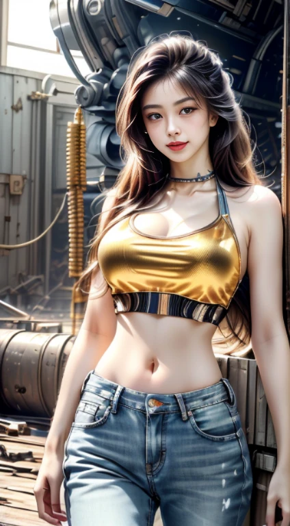 Virtual image,Realistic 8K images,shins up,,Masterpiece,Complete Anatomy,Complete dynamic composition,morning sun,Light hits the front,young woman with long brown hair,sweet smile,smile at the corner of the mouth,cybernetic robot,Bikini body - white_orange_gold_metal, Jeans shorts,white tank top,The background is the remains of a large robot machine.,The gears of a large machine were decayed.