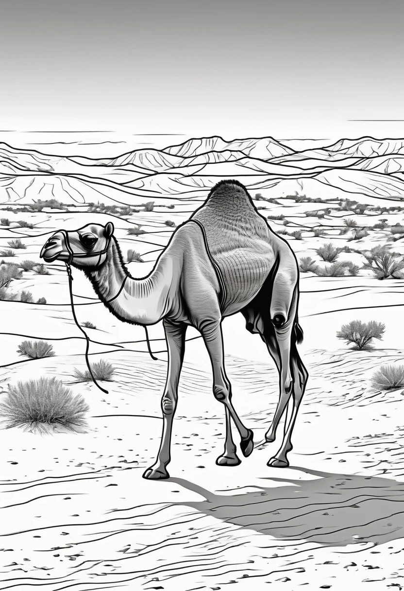 coloring book(line drawing) camel 1Animals Walking in the desert