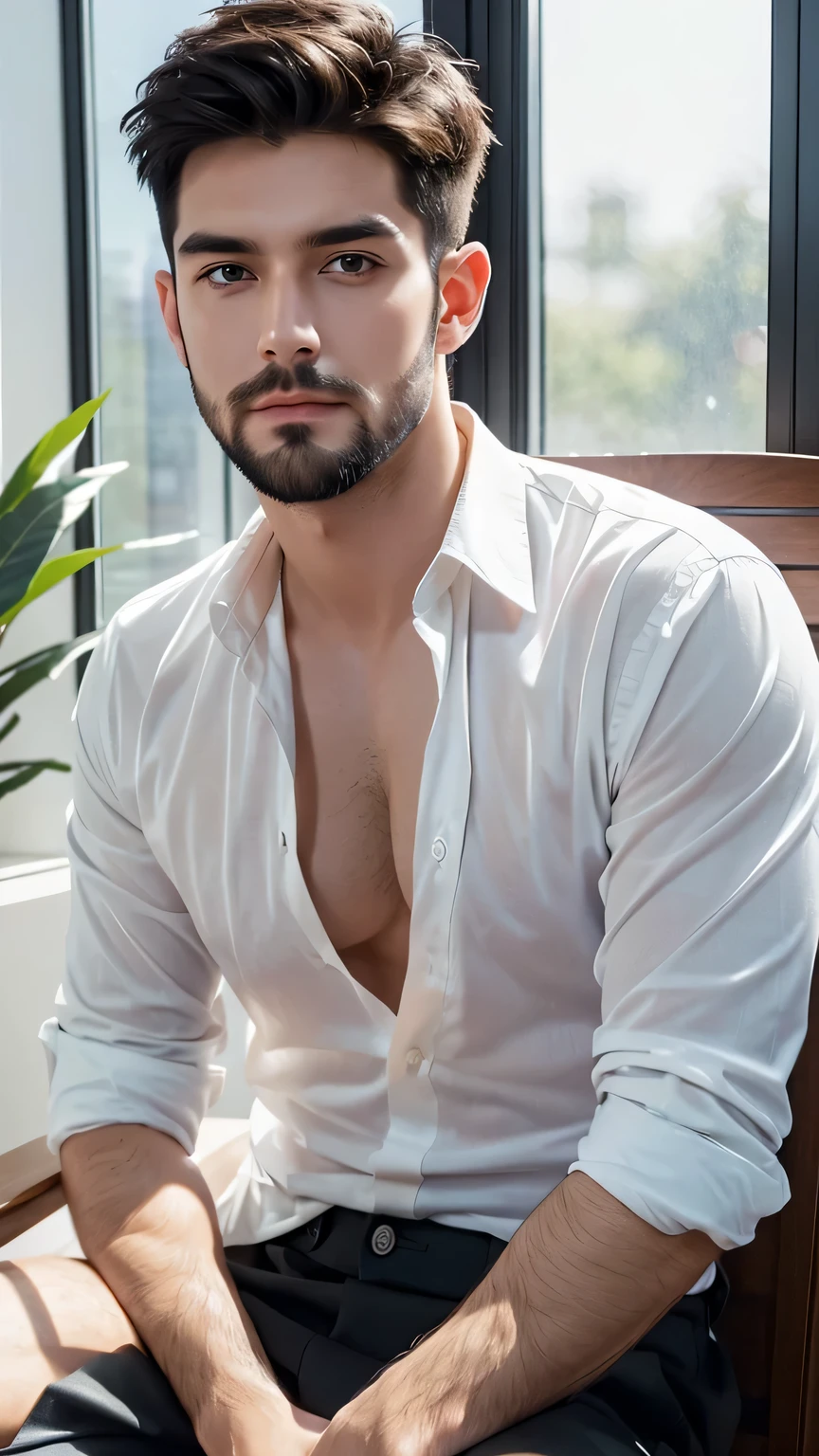 A sexy british man with black hair, he is sitting in a chair next to a window, looking at viewers seductively, morning time, he has a( perfect penis 0.8), masterpiece,homoerotic ,(detailed face,eyes and expression 1.2),( short beard 0.4), wearing a white casual shirt, unbuttoned shirt, (cleavage),nipples ,nsfw