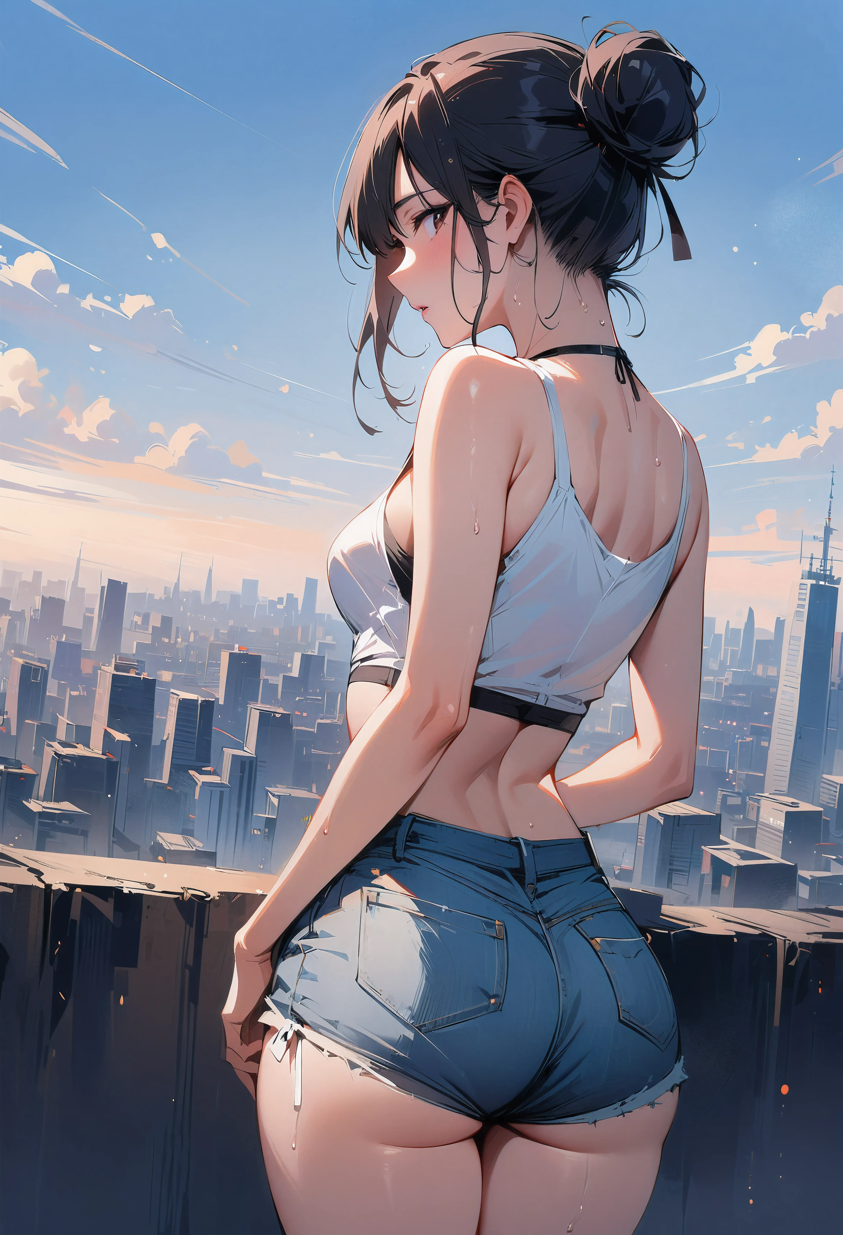 (masterpiece:1.2),(best quality:1.2),(masterpiece, best quality, ultra-high resolution) (Demon girl), night city, Black hair, short hair, pulled back in an elegant bun, red eyes, red skin, white bluse, denim skirt, horns, horns on top, pointed ears