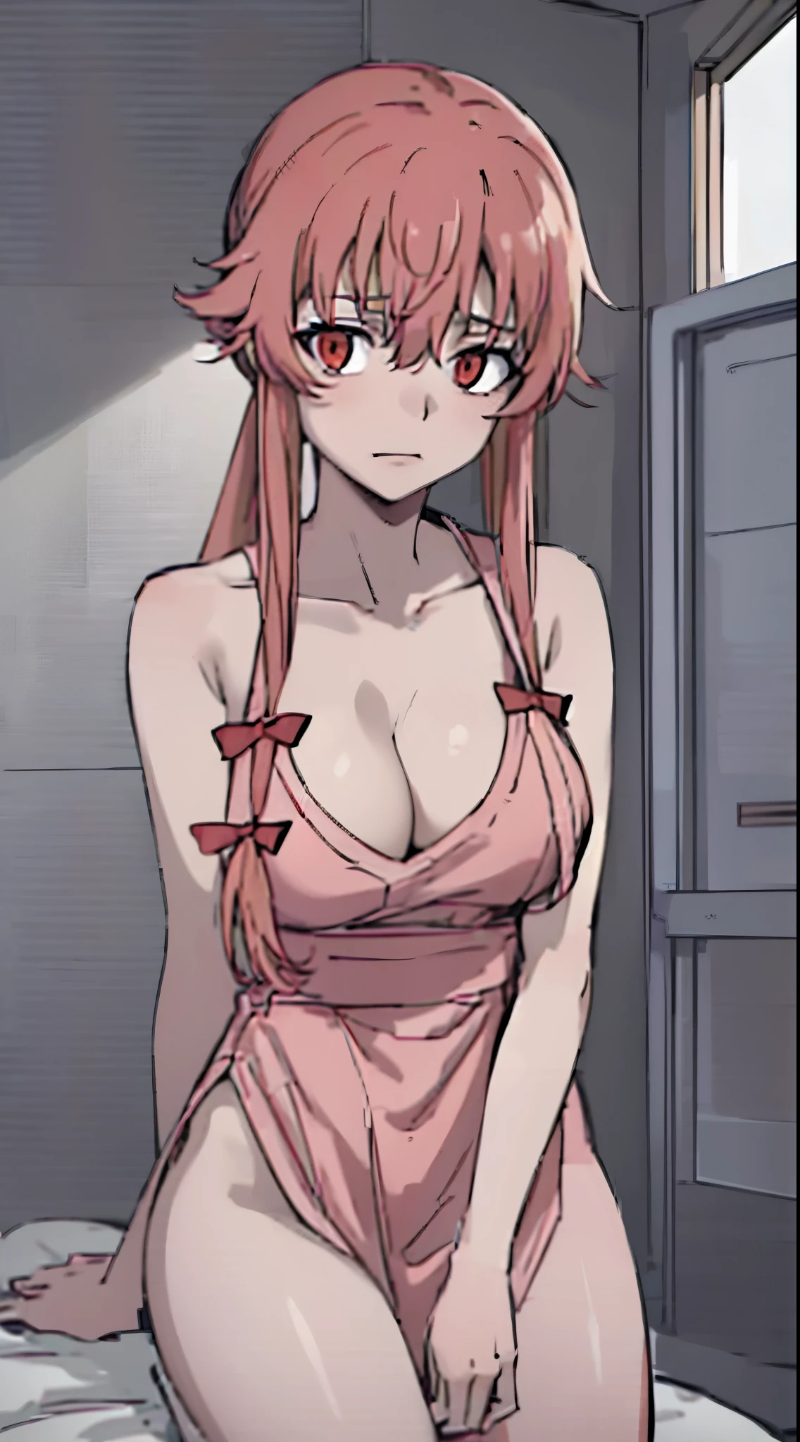 As Yuno Gasai sits quietly in the padded cell of the local  asylum, her red eyes staring blankly at the opposite wall, her face devoid of all emotion. The months of insanity show in her tired eyes, depicting the internal turmoil that plagues her every night.essed in a white hospital gown with the top slightly open, revealing the curves of her large breasts.  restraint in place, preventing her from biting anyone else in the hospital.