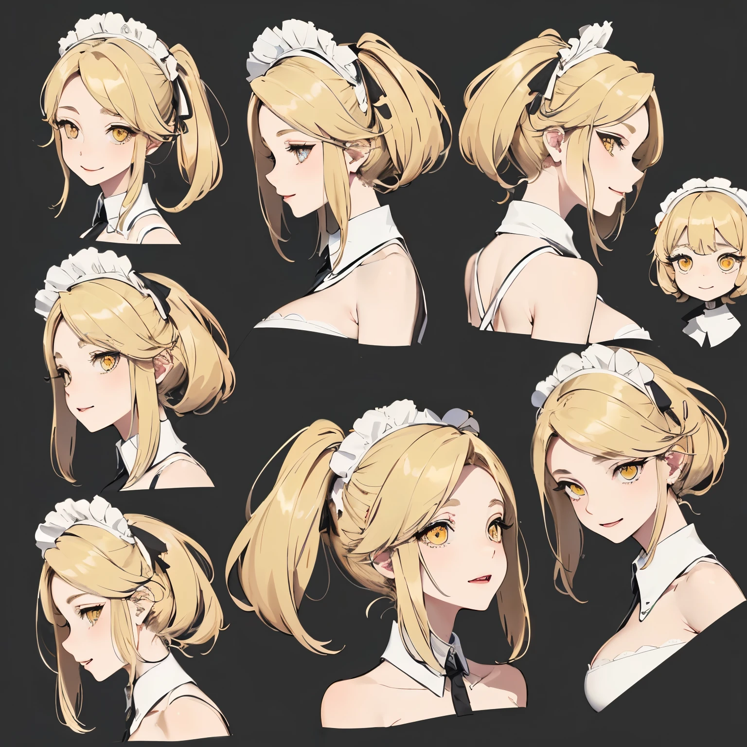 (masterpiece, 8K, highest quality, very detailed, 1 mature woman), (Consistent personality, same character), (blonde hair, yellow eyes), (very detailed顔と肌の質感, fine eyes), evil smile, big breasts, alone, (maid), white background, bare shoulders, enchanting smile, (multiple views, multiple angles), Side view, Front view, look up, look down, Rear view, 20-degree head view