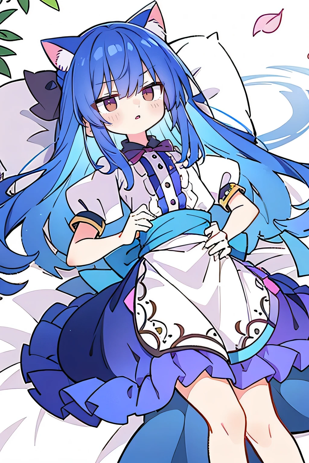 (Masterpiece), best quality, expressive eyes, perfect face, 1girl,
Put your hands on your waist, fair, gorgeous, Japanese comics, girl, Lola, young angel, blue hair, blue hair, flowing clothes, hug the waist, hug the waist, hands on hips, hands on hips, lay down , lying on the ground, legs on the ground, flat chest, cat ears,Petals fall,dark blue eyes,