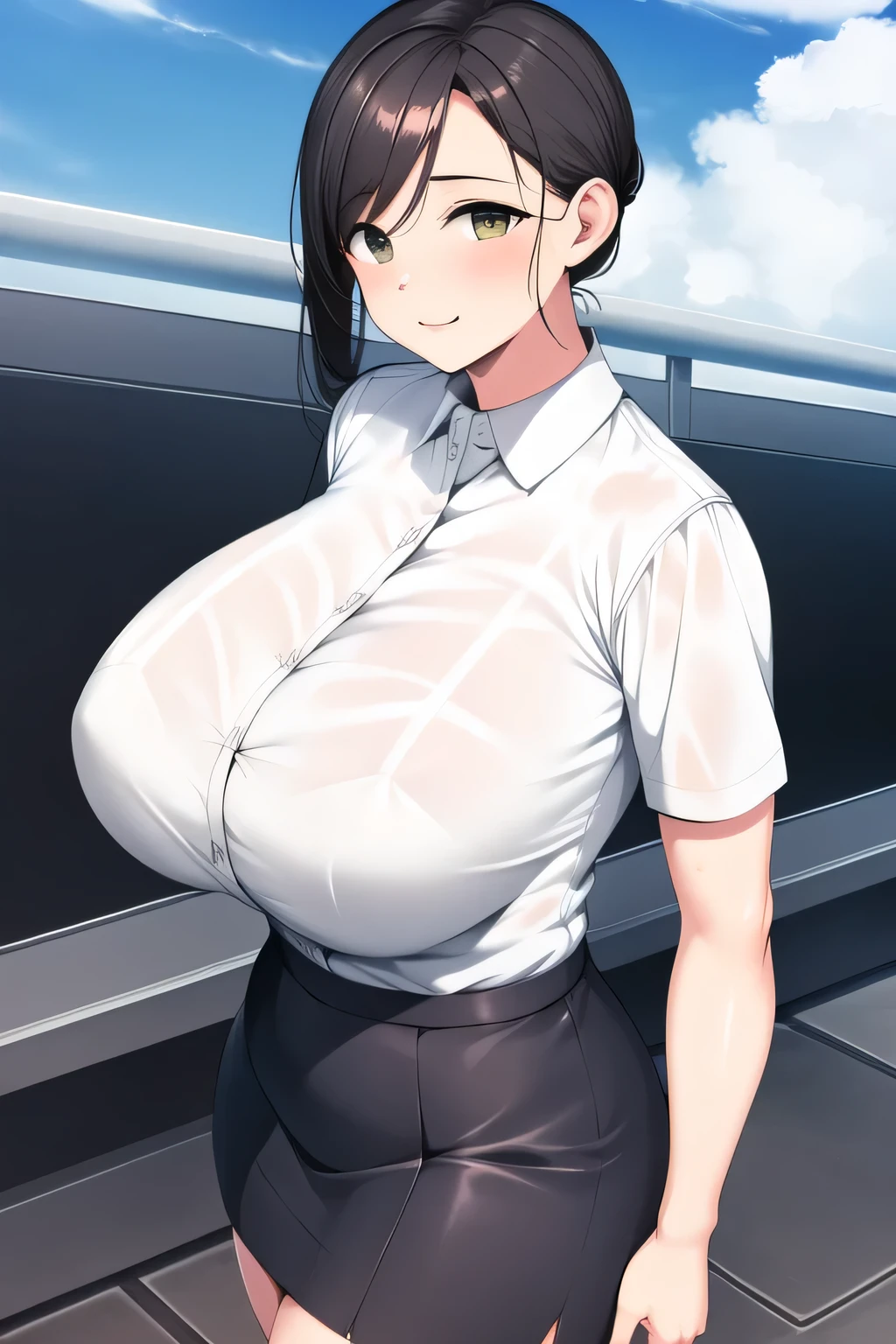 (8K,Raw photo,highest quality,masterpiece:1.2),17 year old girl with perfect body,beautiful face,highly detailed face and eyes,smile,A business-style collared shirt that fits snugly against the skin,Fitted Spandex Apricot Pencil Skirt,(huge breasts:1.2),white underwear,See through,on the balcony,evening,cowboy shot,standing pose,provocative pose