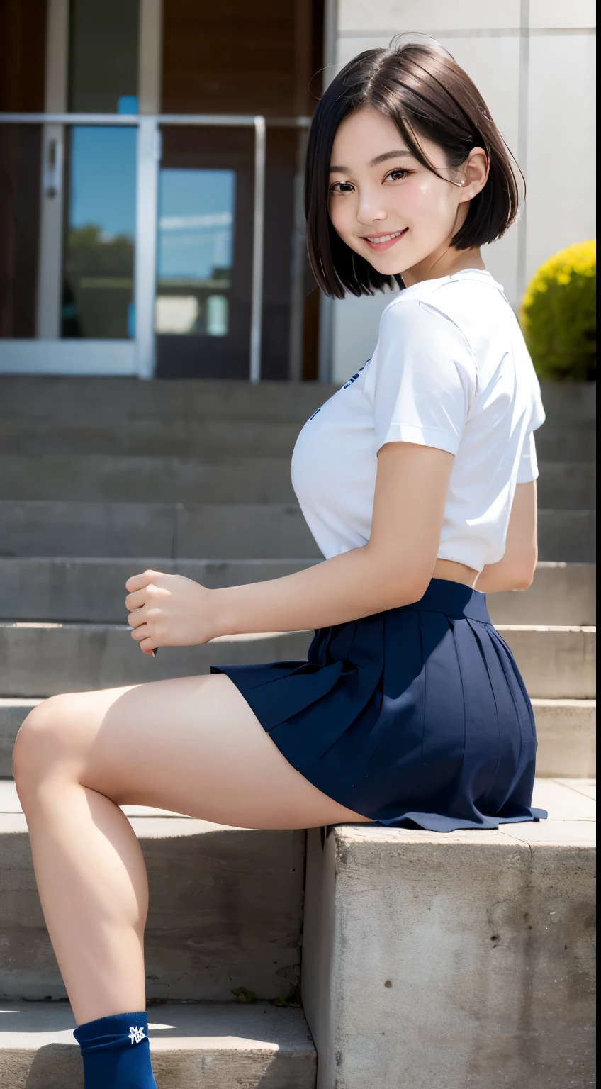 Photo quality,Masterpiece,Realistic,(Cute  Japanese sister:1.9),(Detailed young face:1.9),(Very embarrassed look:1.9),(Sit with your legs apart,Thin legs:1.9),(Seducing a man at the gym:1.9),(Cute high school girl outfits:1.9),((Droopy eyes:1.9)),((Body type of a 16 year old Tits:1.9)),(Cute school girl hairstyle:1.9),((Skinny Legs)),Very pale skin,Show your forehead,Detailed body,Detailed hands,No makeup