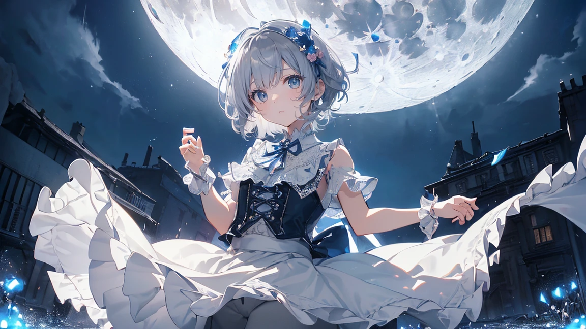 Kindergarten children、masterpiece、highest quality、beautiful expression、absurd、nffsw、(cowboy shot、White ruffle lace mini dress、white collar、white ruffle cuff、particle:1.5)、(bloom、shine:1.4)、(shy)、(short gray hair、blue eyes:1.7)、sharp focus、Photoreal、High resolution、most detailed、Super detailed、detailed face and eyes、sharp pupils、Real students、sharp focus、 shiny skin、black corset、(big moon、dark background:1.5)、rim lighting、dynamic, cinematic lighting、(((lift up the skirt:1.3)))、(((I can see white pants)))、