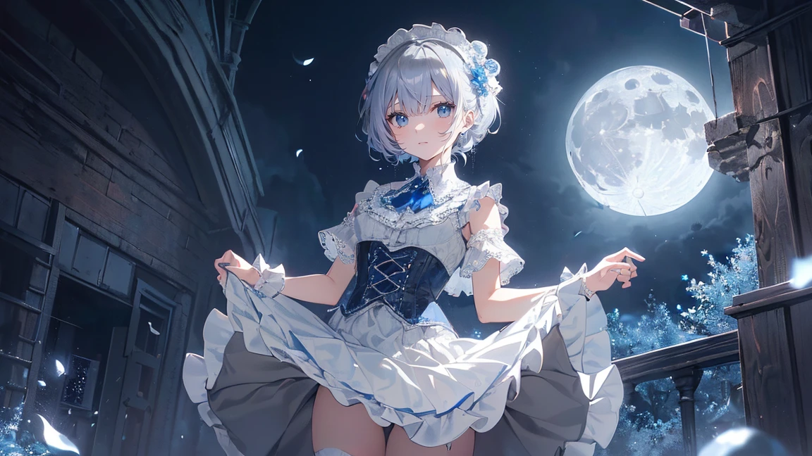 Kindergarten children、masterpiece、highest quality、beautiful expression、absurd、nffsw、(cowboy shot、White ruffle lace mini dress、white collar、white ruffle cuff、particle:1.5)、(bloom、shine:1.4)、(shy)、(short gray hair、blue eyes:1.7)、sharp focus、Photoreal、High resolution、most detailed、Super detailed、detailed face and eyes、sharp pupils、Real students、sharp focus、 shiny skin、black corset、(big moon、dark background:1.5)、rim lighting、dynamic, cinematic lighting、(((lift up the skirt:1.3)))、(((I can see white pants)))、