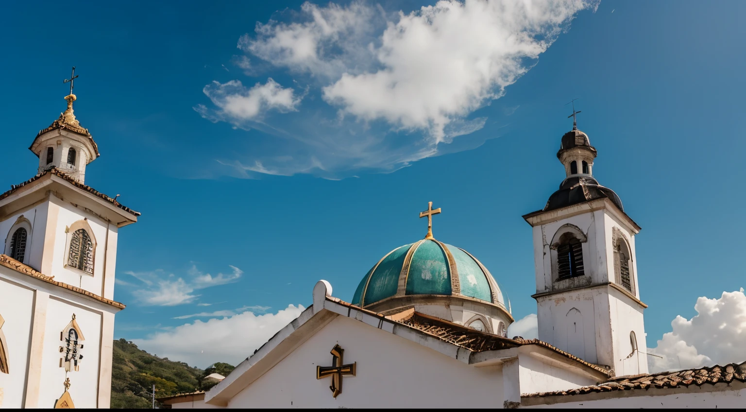 igreja, sky in the background, cristianismo, cruz em cima do telhado, realista, detalhado