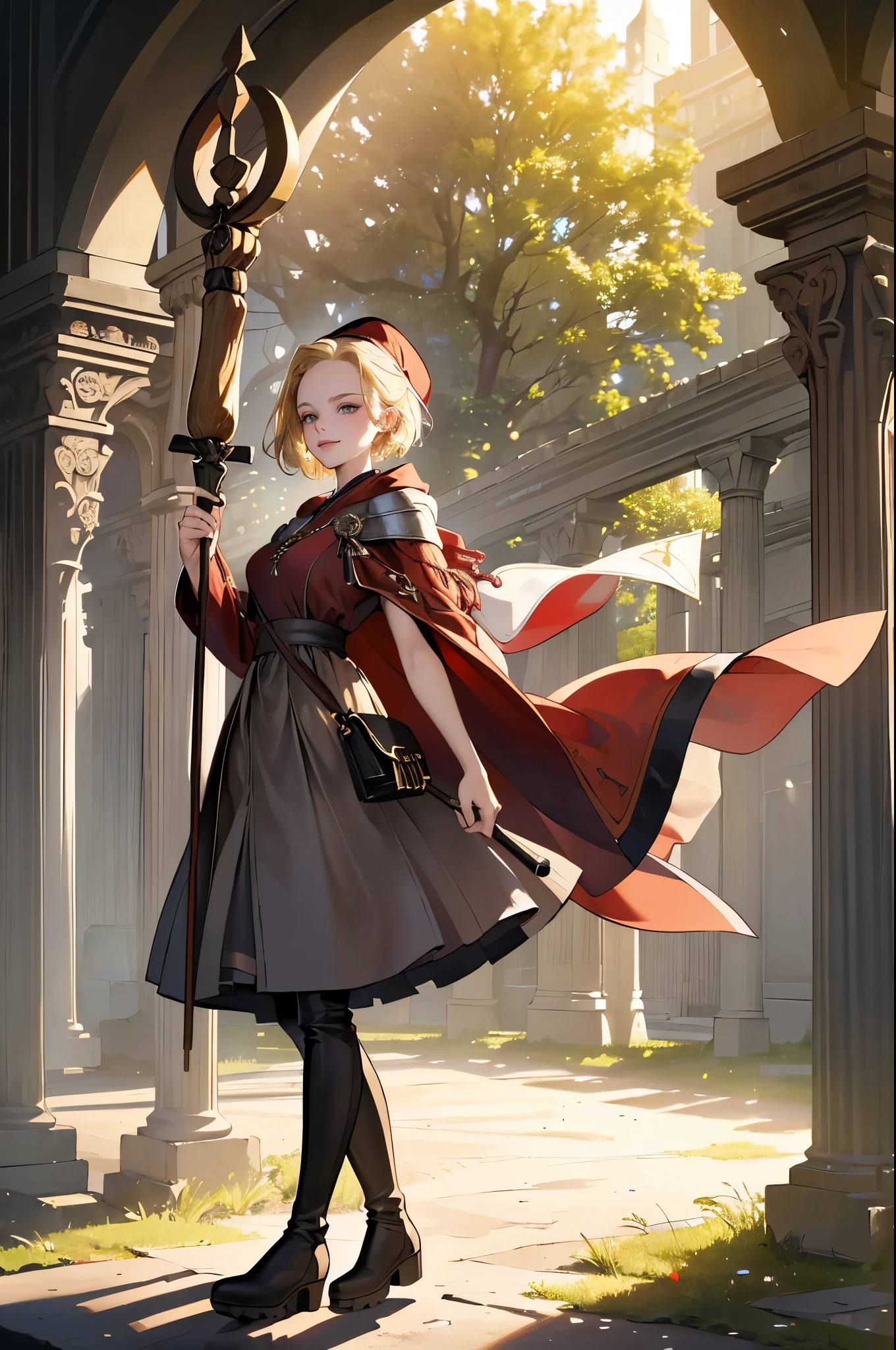 masterpiece, ultra detailed, 8k portrait, RAW photo, portrait photography, highly detailed face, beautiful and meticulous eyes, ((Fantasy)), Young beautiful, dynamic pose, kind face, smile, (((Blonde very short hair, forehead))), ((Priest)), armpit, wood necklace, clergy hat, (((long cloak))) fluttering in the wind, (((dark dull red super fit Priest robe))), (((long skirt)), (((low boots))), ((holding long wood staff)), big shoulder bag, Midday Sun, hyper realistic, Body model, mid breasts, Beautiful breasts, Long legs, in the crowd, Ambient lighting, Shadow details , Camera focus on face, strong breeze, Light fog