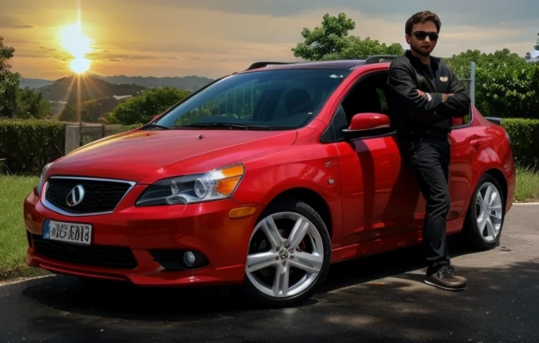 Make a guy lean to the car, casual clothes, sun glasses, and put a beautiful landscape of a sunset instead of the original background. The car must be the same and preferably remain untouched