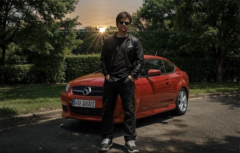 Make a guy lean to the car, casual clothes, sun glasses, and put a beautiful landscape of a sunset instead of the original background. The car must be the same and preferably remain untouched