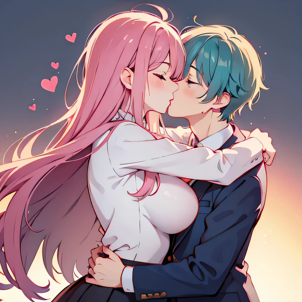 masterpiece (((1 man))) 1 girl (((men and women))) Pink hair Long hair Green eyes Huge breasts (big nipples) NSFW (orgasm) (heart eyes) uniform blazer ((hug)) ((deep kiss))
