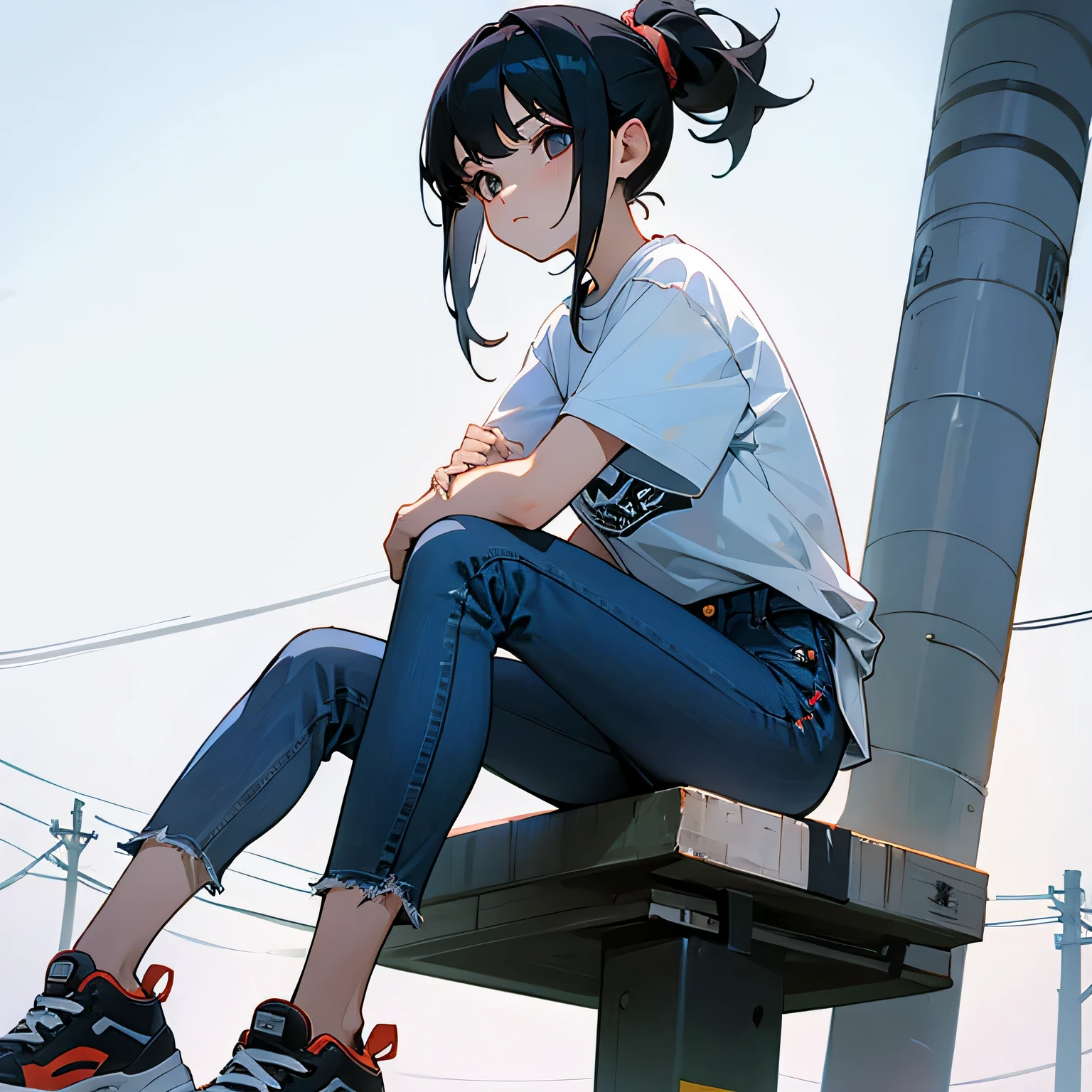 girl、black hair、ponytail、T-shirt、jeans、sneakers、pylon、sit