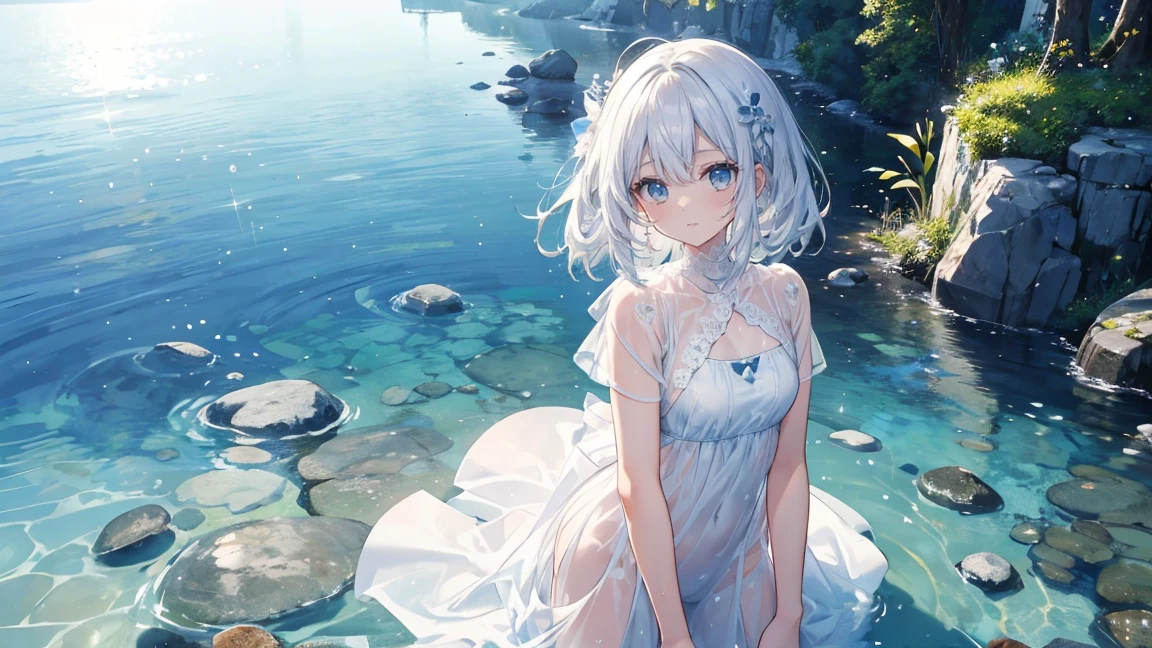 1 girl, clear water, wet with water,transparent clothes,shy,Highest image quality,masterpiece,Kindergarten children,white clothes,Sparkling,clothes are transparent,clothes are wet,highly exposed