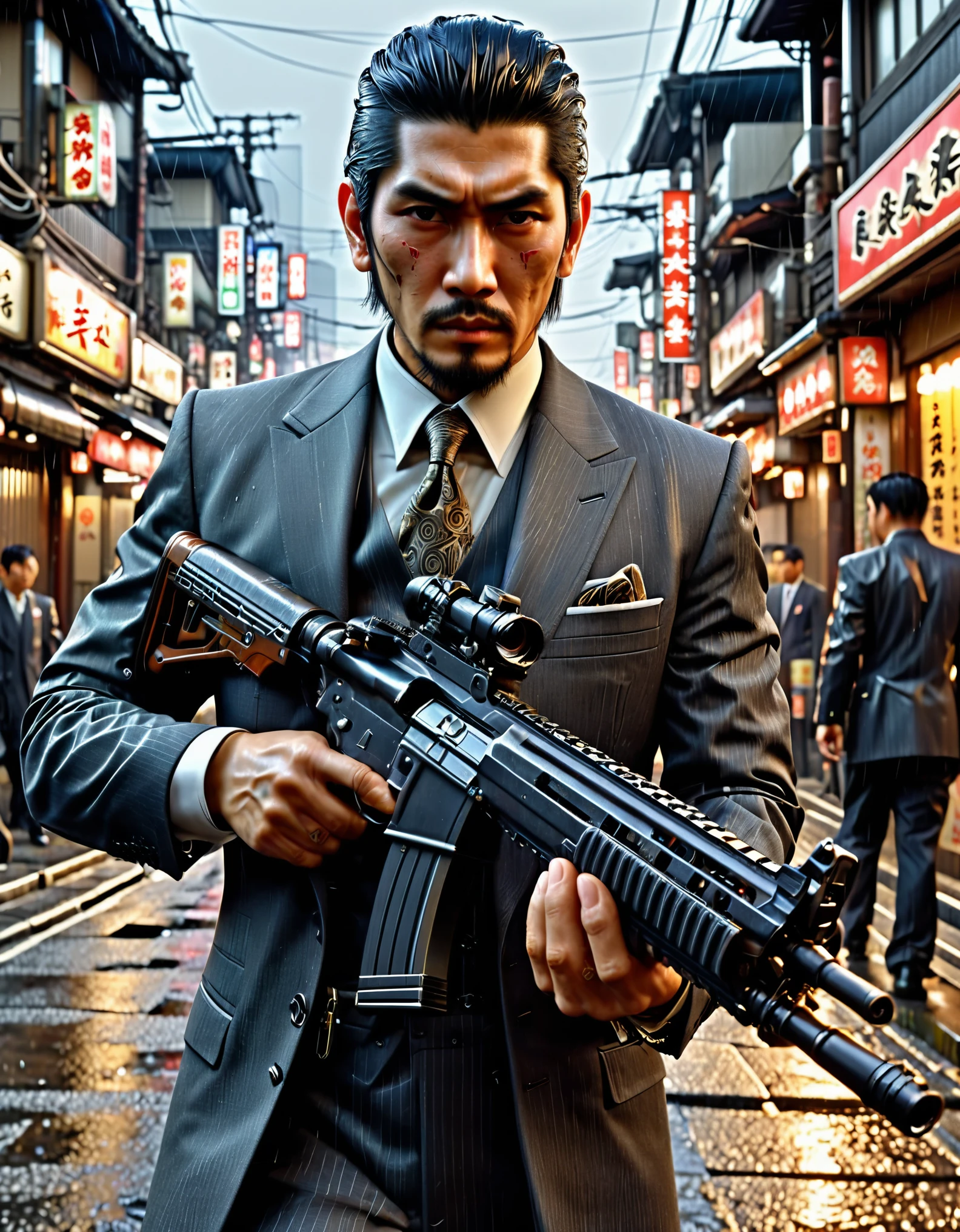japanese yakuza mobster with a dark gray three-piece suit, black hair, pompadour hairstyle, brown eyes, light goatee, uses assault rifle, (facial scar over left eye), realistic, stylish, hdr, intricate details, hyperdetailed, cinematic, rim light, danger atmosphere, noir, night, cyberpunk lighting, tokyo street, rain