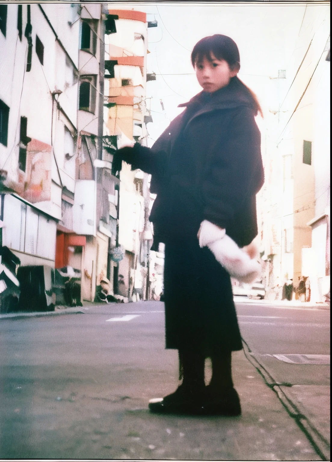 color unsharp masking quality. (A young Japanese woman as extreme small as chihuahua). thick outline. blurry photo. color slide film. 1958.