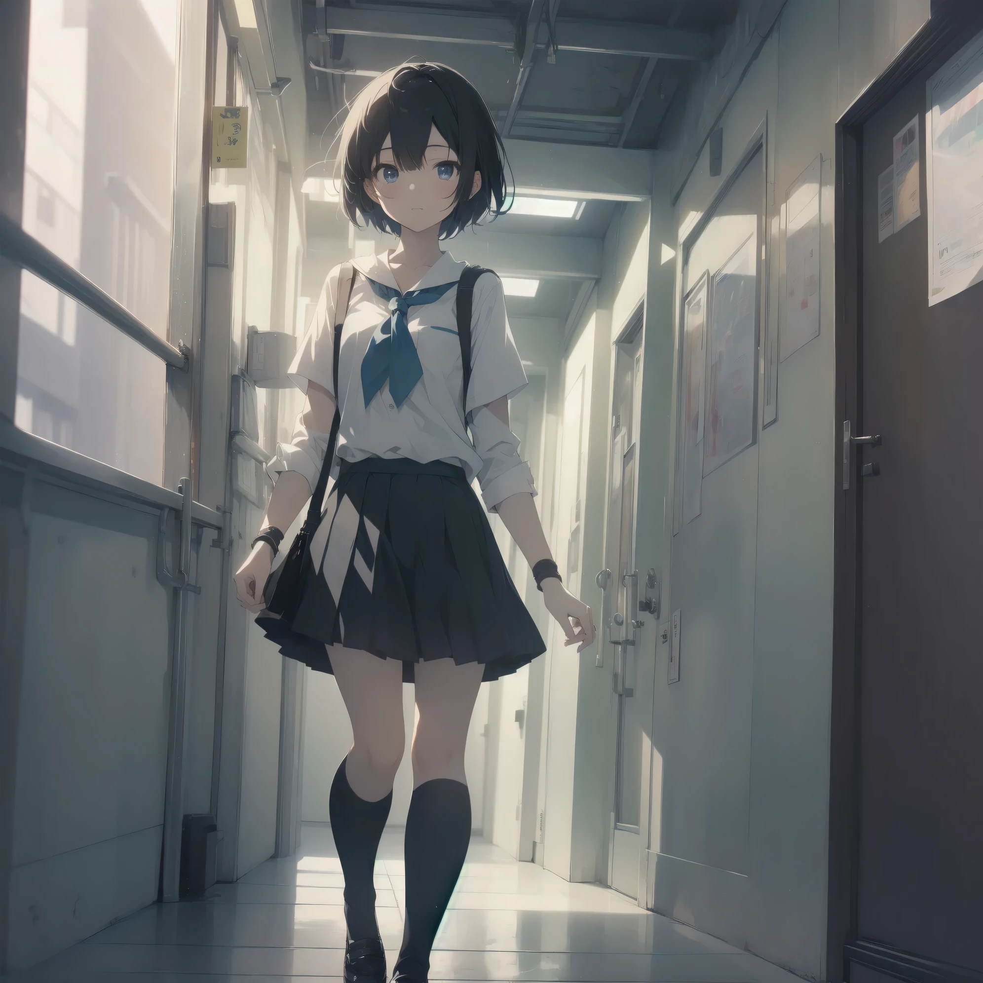 ultra-absurdres-Top quality by artist God, ultra-detailed, high resolution, anime moe artstyle, best anime 8k konachan wallpaper, pixiv contest winner, pool:2810, pool:2778,perfect anatomy,break, 1girl, (Please draw a girl walking sleepily to school alone. )break,(Solo,little female, 13-year-old:1.3),Full limbs, complete fingers,a junior high school student,  (very short hair), short cut, flat chest, , small butt, small black eyes, beautiful detailed eyes, well-proportioned iris and pupils, expressive eyes, highres detailed hair, soft expression, school_uniform, official_alternate_costume, pleated skirt,(Detailed Lighting), (Detailed background), in the School commute route. break,super detailed skin, Best cinematic lighting powered by famous artist, 8k,beauty illustration,photoshop_(medium),very aesthetic,break,((artist:tani_takeshi )), artist:akinashi yuu ,artist:oyari ashito ,artist:kantoku ,
