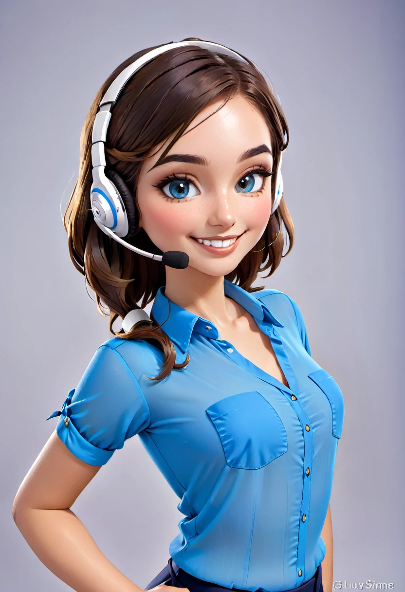 Make a beautiful woman wearing a headset and smiling and wearing a blue blouse