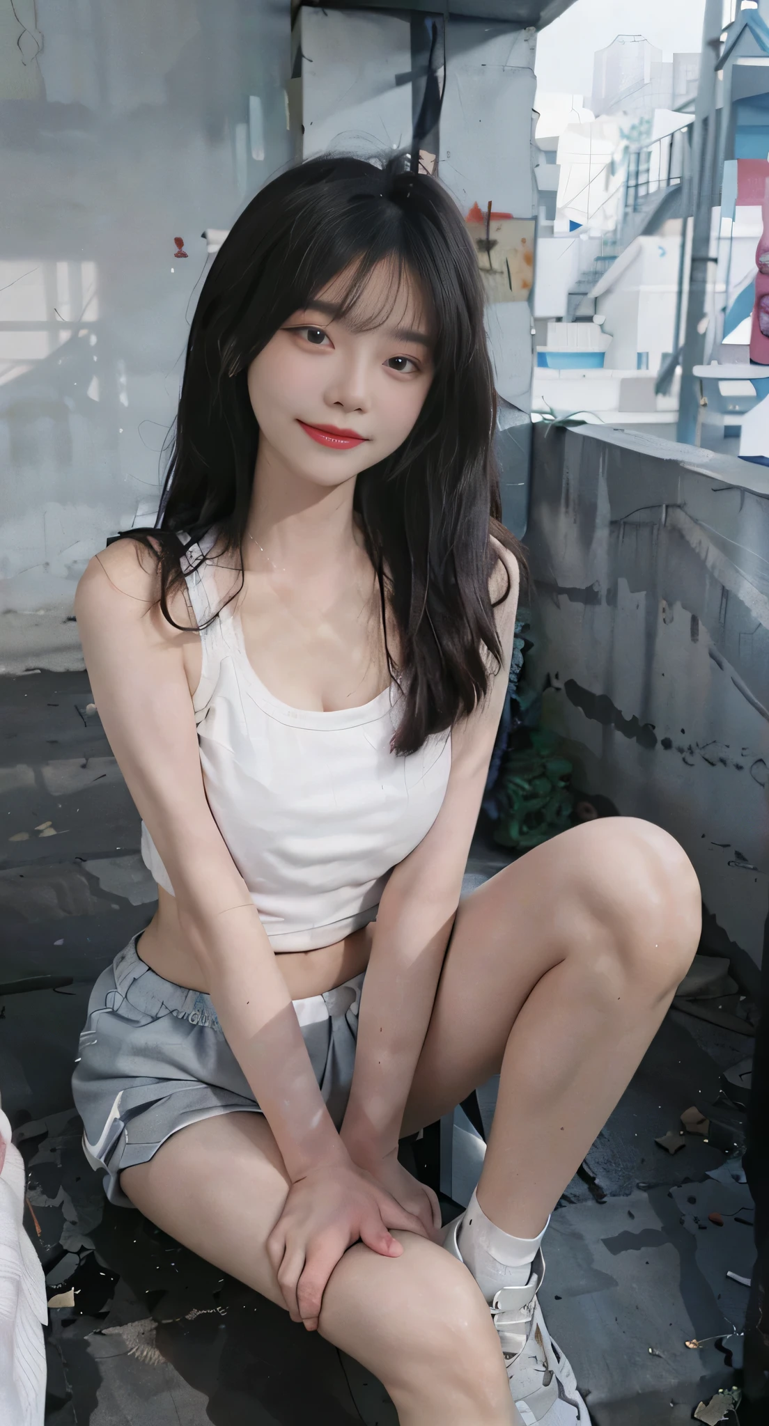 Best quality, RAW photos, super high resolution, shooting from the side, bright silver hair, bright gray hair, popping smile, one corner of mouth raised, 18 year old Korean, medium round breasts, cleavage, cropped t-shirt, running clothes, training clothes, running shorts, fair skin, shiny white skin, short bob, beautifully matched bangs, beautiful eyes of random colors, Very thin lips, eyes beautiful in every detail, elongated eyes, pale pink blush, long eyelashes, beautiful double eyelids, eyeshadow, bra, beautiful thin legs, beautiful feet, beautiful navel, beautiful abs, beautiful ribs, beautiful constriction, beautiful hip line, necklace, earrings, hair accessories, night park, night stairs, concrete wall, leaning against the wall, holding a towel in hand
