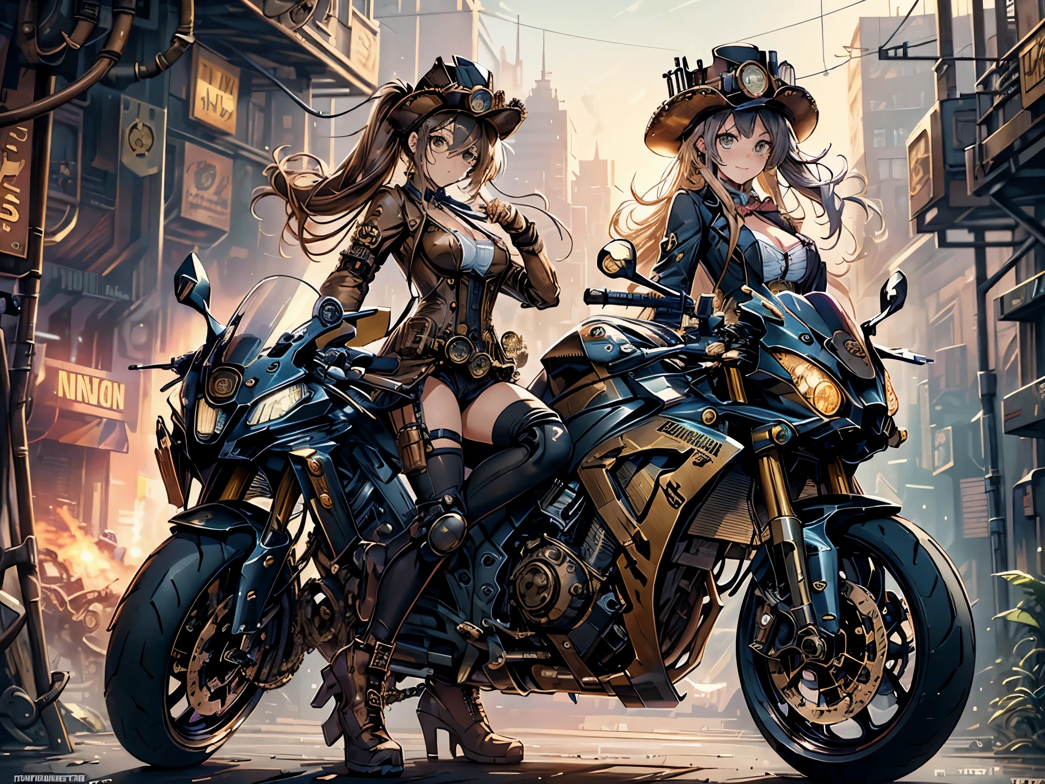 (comic book style),(line drawing_anime),(cowboy shot, highest quality, ),(Laura Budd Photos:1.2),(Laura Add Details:1.0),8K, flat color:0.8,dynamic angle,1 girl,smile、(On a steampunk motorcycle:1.5)、An elaborately decorated motorcycle、(Highly decorative and complex mechanical steampunk fashion, lace flare dolphin hat、goggles 1.5、machinery background、Gear background、Intricately mechanized steampunk cityscape 1.5),