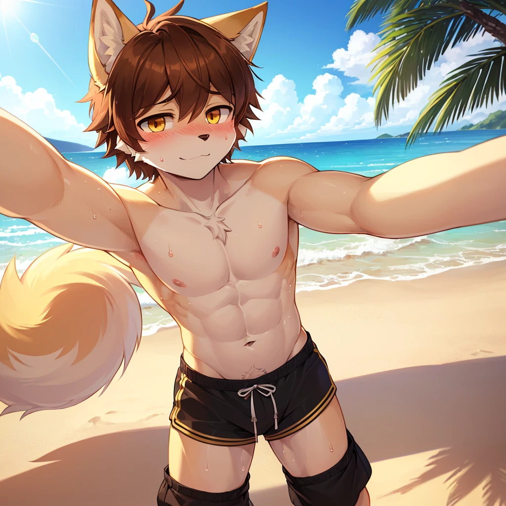 ((best quality, masterpiece, perfect anatomy, detailed picture)),  male furry, yellow-white fox, golden eyes, sexy body, big buldge, fluffy tail, red blushing, shy, in the beach, front view, brown short hair, handsome, shy face, wearing a black shorts,  solo, wearing a swimwear, sweating, hugging his friend,  selfie 