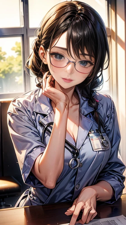 highest quality, masterpiece, 8K, photorealist,  ultra high resolution, very delicate and beautiful, HDR, cinematic lighting, medium shot, portrait, perfect female body, Beautiful woman, mature woman, contrasting, put your hand on your head, looking at the viewer, (female doctor:1.6、white clothes、Stethoscope、Glasses、A clean, tied-up hairstyle)、Medical Gloves、name tag、Scrub Suits、Examination room、medical equipment、