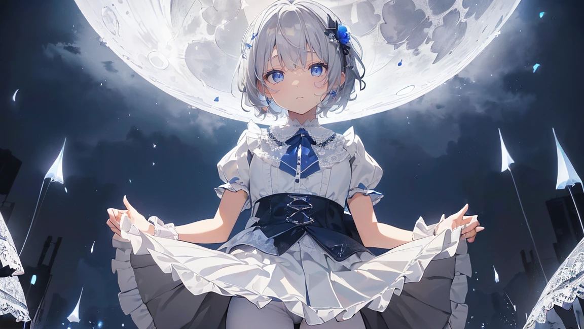 Kindergarten children、masterpiece、highest quality、beautiful expression、absurd、nffsw、(cowboy shot、White ruffle lace mini dress、white collar、white ruffle cuff、particle:1.5)、(bloom、shine:1.4)、(shy)、(short gray hair、blue eyes:1.7)、Photoreal、High resolution、most detailed、Super detailed、 shiny skin、black corset、(big moon、dark background:1.5)、rim lighting、dynamic, cinematic lighting、(((lift up the skirt:1.3)))、(((I can see white pants)))、Panty shot、(((shy)))