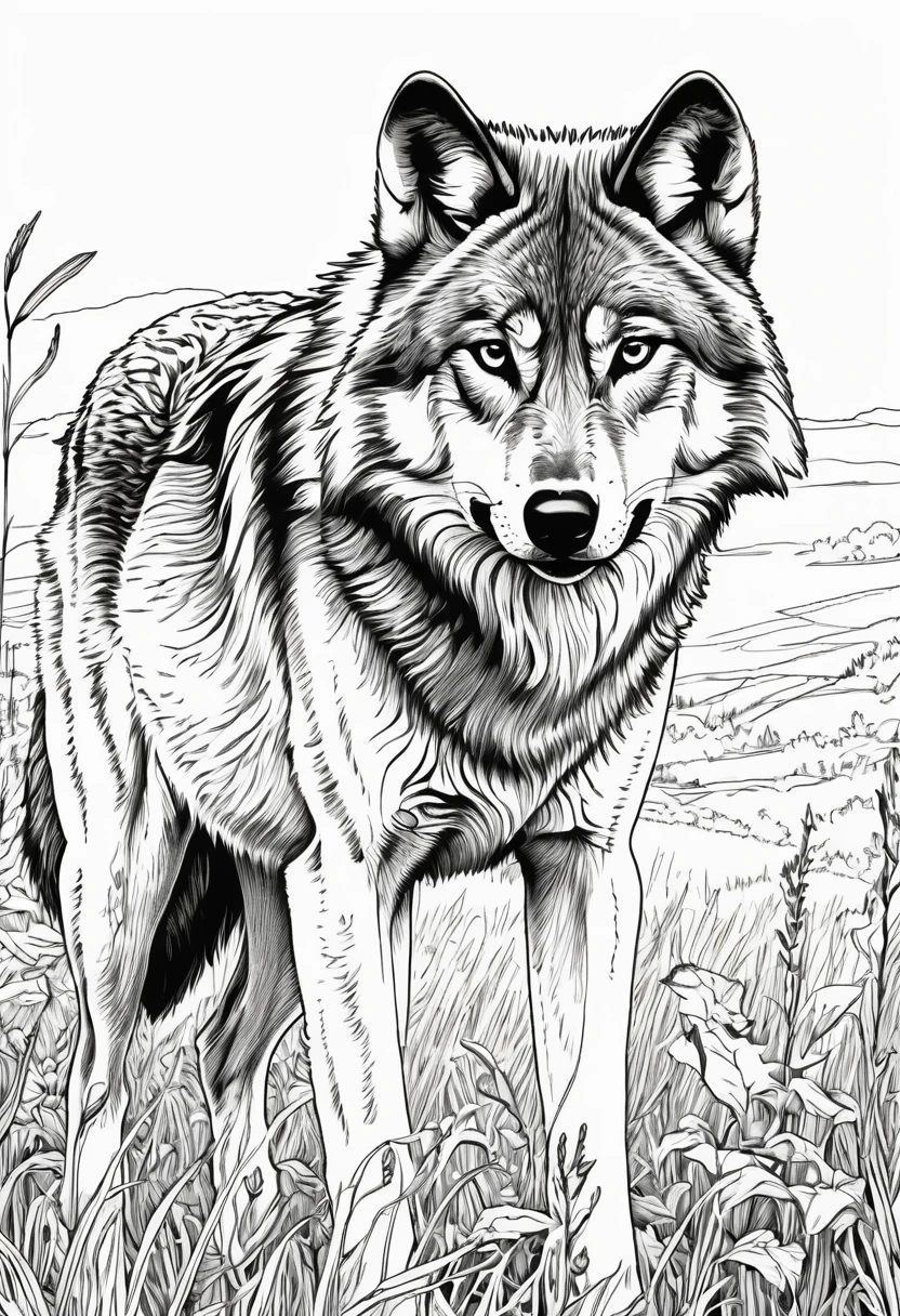 coloring book（line drawing）　Wolf　１Animals　grassland　bark