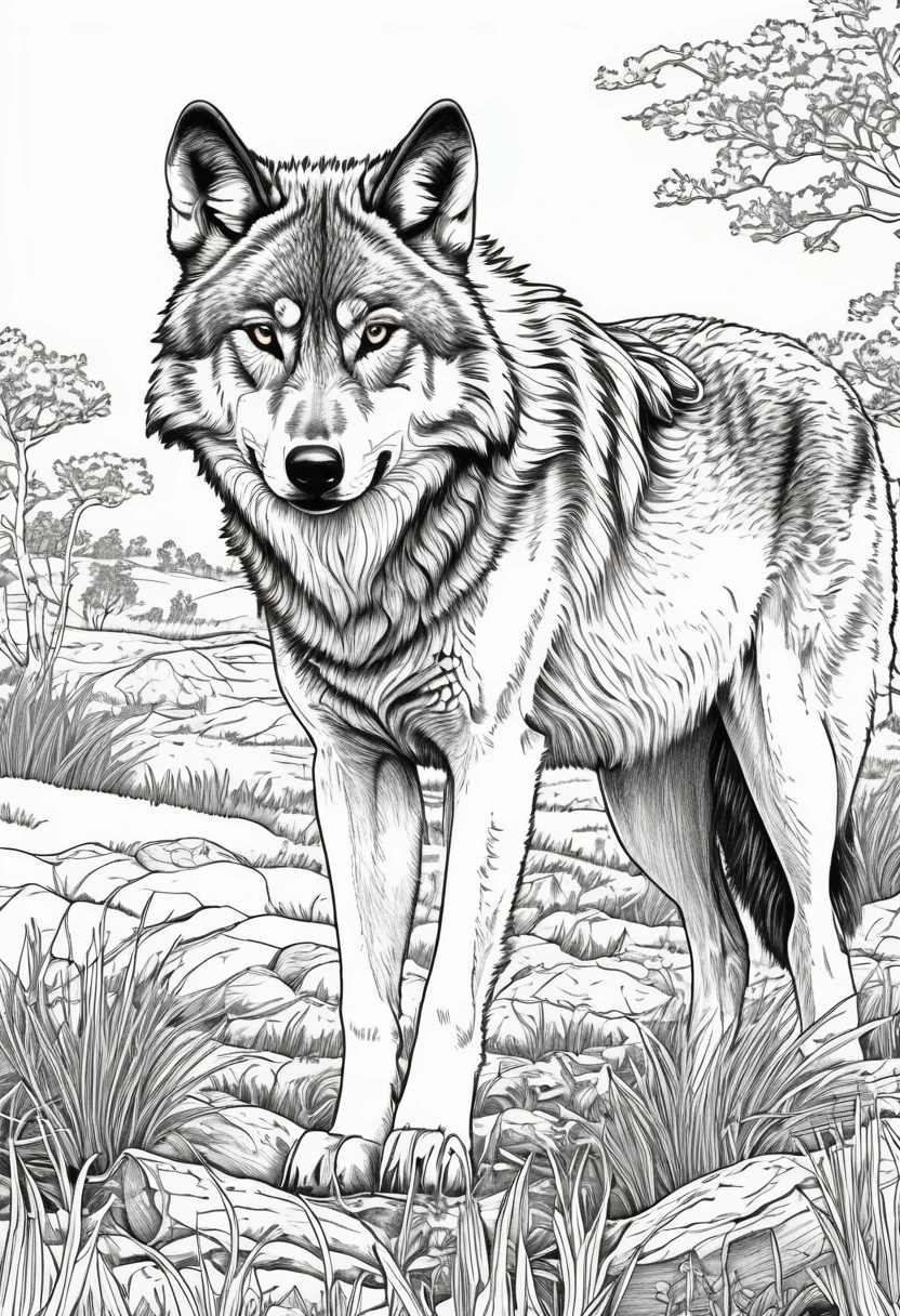 coloring book(line drawing) Wolf 1Animals grassland bark
