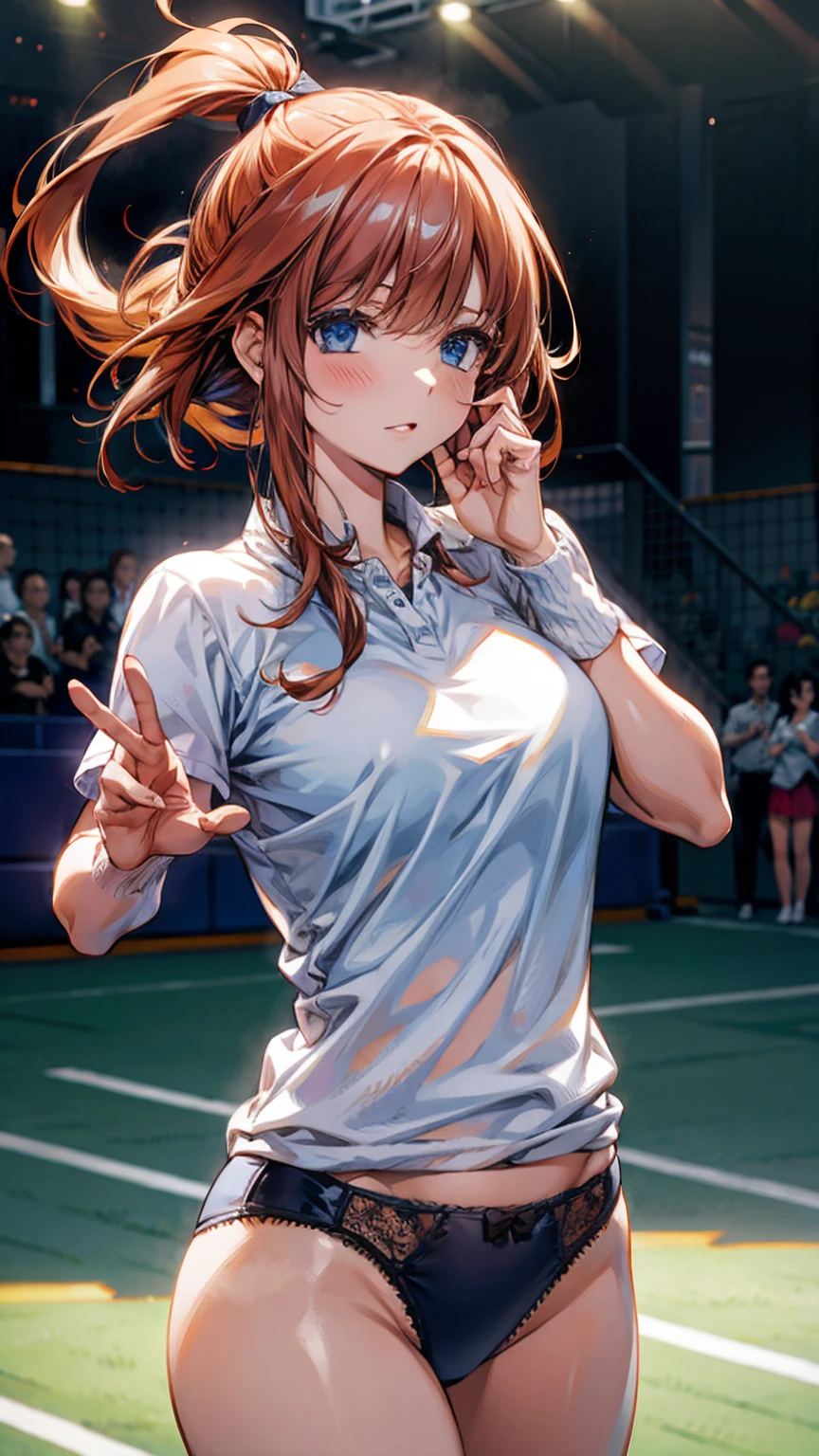 official art, unity 8k wallpaper, Super detailed, masterpiece, highest quality, 1 female, (very detailed),(Raw photo、highest quality)、(realistic、Photoreal:1.3)、high detail、顔のvery detailed複雑な 3D レンダリング、(very detailed肌:1.2)、dynamic angle, fire glow effect, professional lighting, side light, cinematic light, 超A high resolution, 8K , film grain,best shadow, particles of light, Fine skin texture, detailed face, intricate details, Super detailed, shine, Please reconsider、full body, Tennis court、beautiful face、blurred background、18 year old beautiful girl、shiny skin、Tennis uniform、((white panties))、Super short uper tight polo shirt、